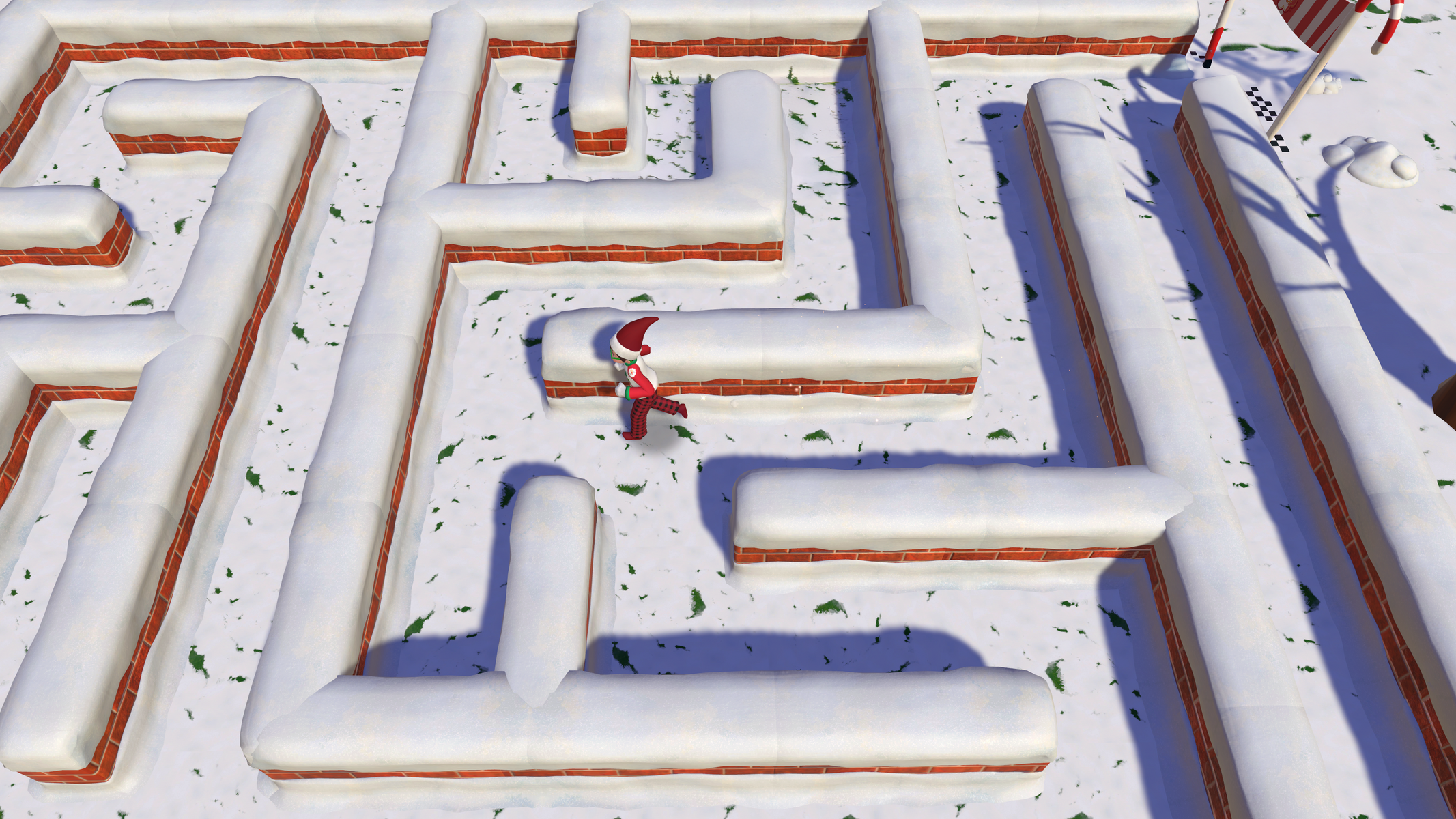 Un elfo corriendo por un laberinto de nieve con paredes de ladrillo rojo.