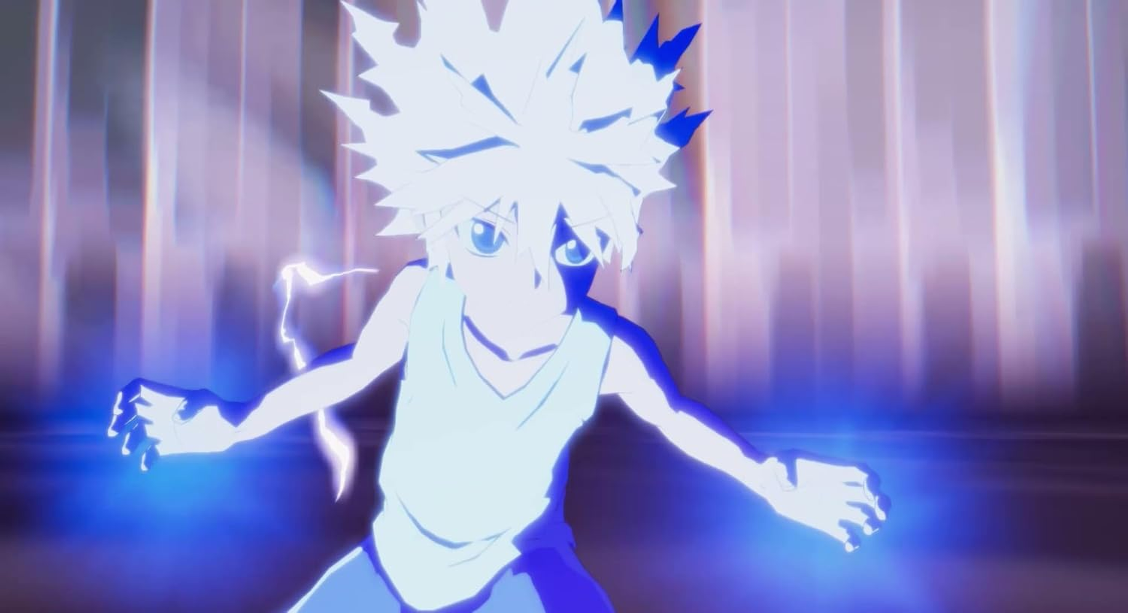 Mavi enerjiyle çevrili anime karakteri. Karakterin beyaz saçları var ve aksiyon pozunda.