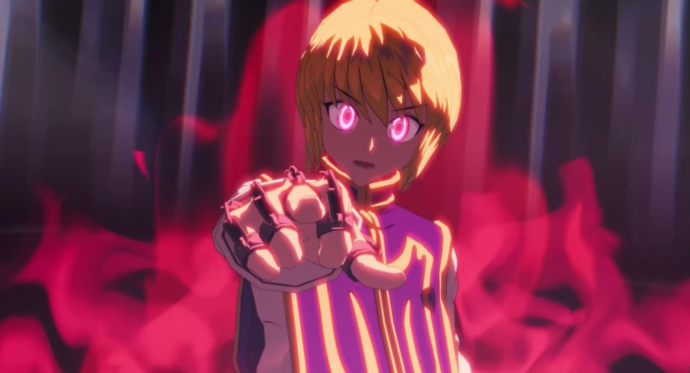 Postać z anime z kolczastymi blond włosami i intensywnie różowymi oczami, wskazująca ręką w rękawicy.