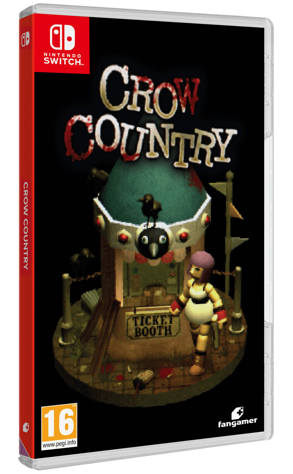 Arte de la caja del juego para Crow Country. Una figura está cerca de una taquilla.