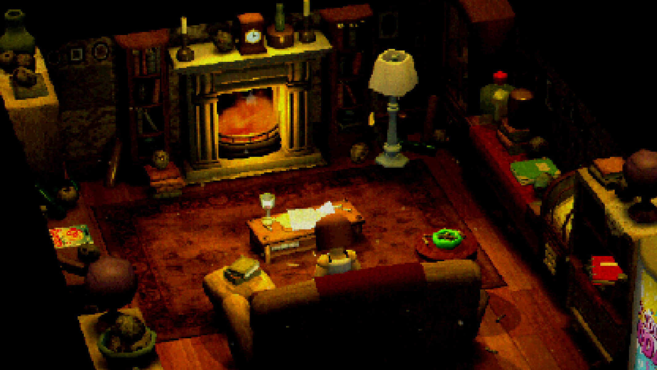 Habitación acogedora con chimenea, mesa, libros y lámpara. Iluminación cálida y alfombra crean ambiente.