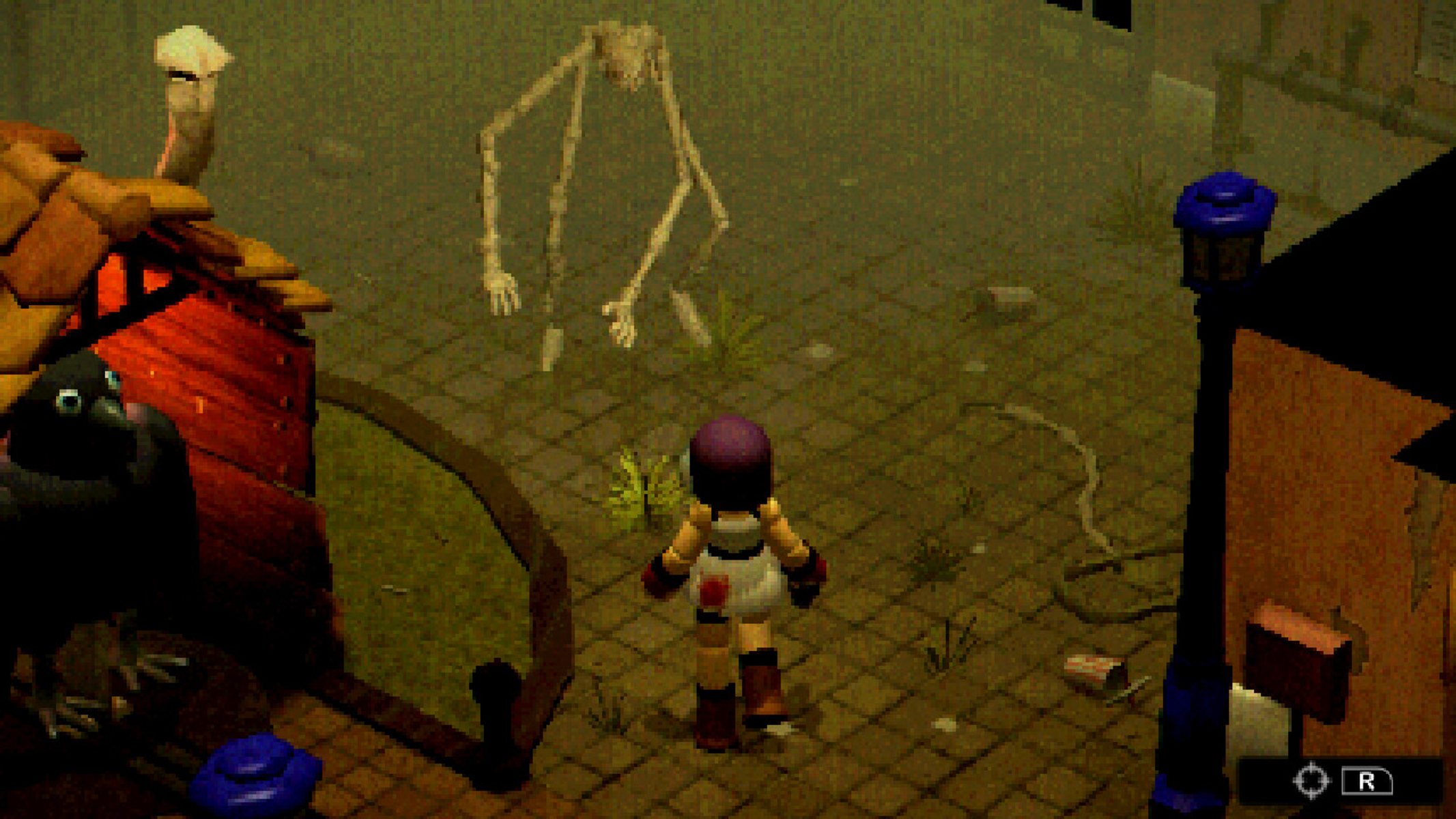 Escena del juego. Un personaje en una habitación con un monstruo alto y delgado.