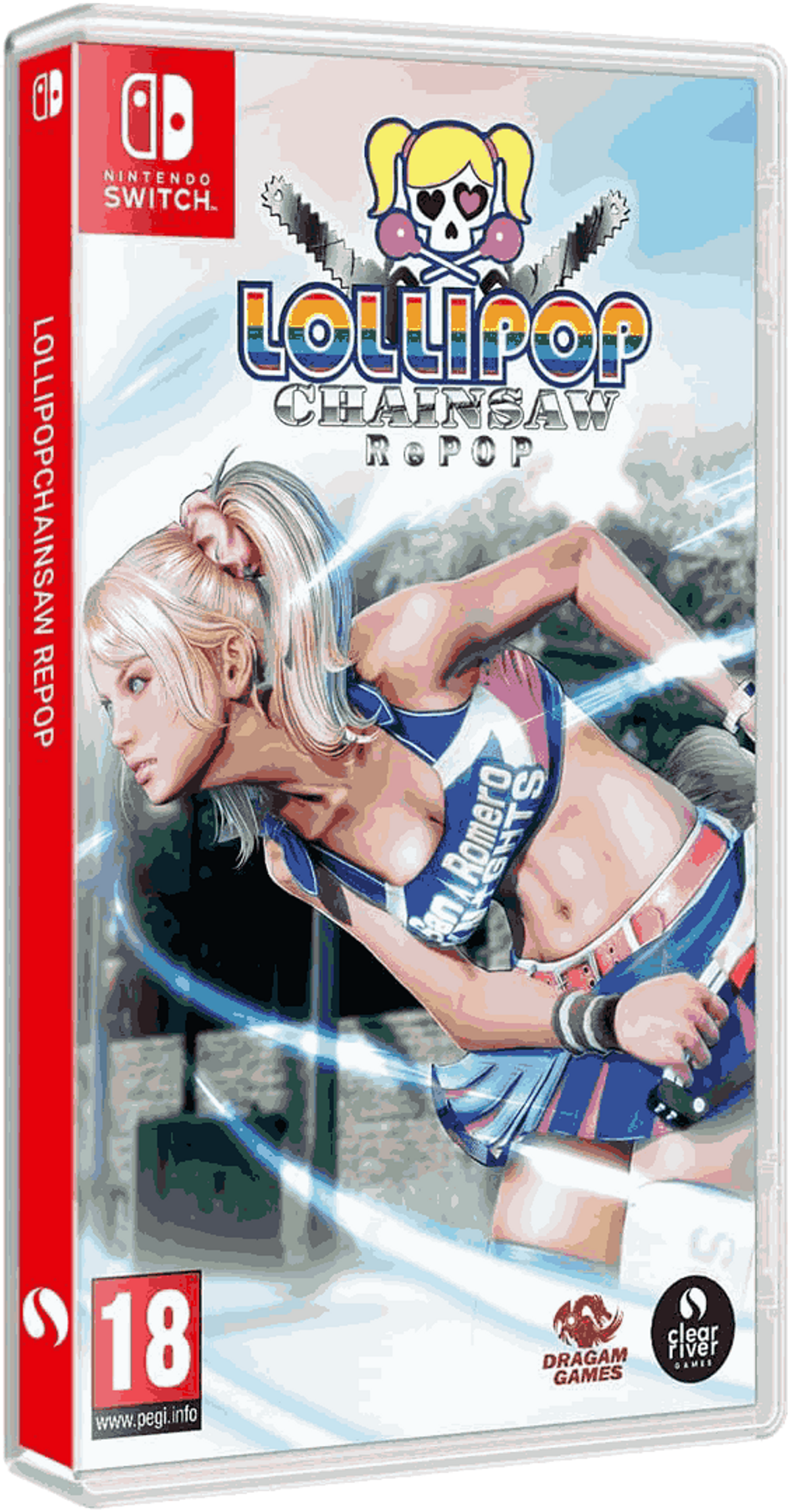 Arte de la caja del juego para Lollipop Chainsaw. Una mujer con una motosierra.
