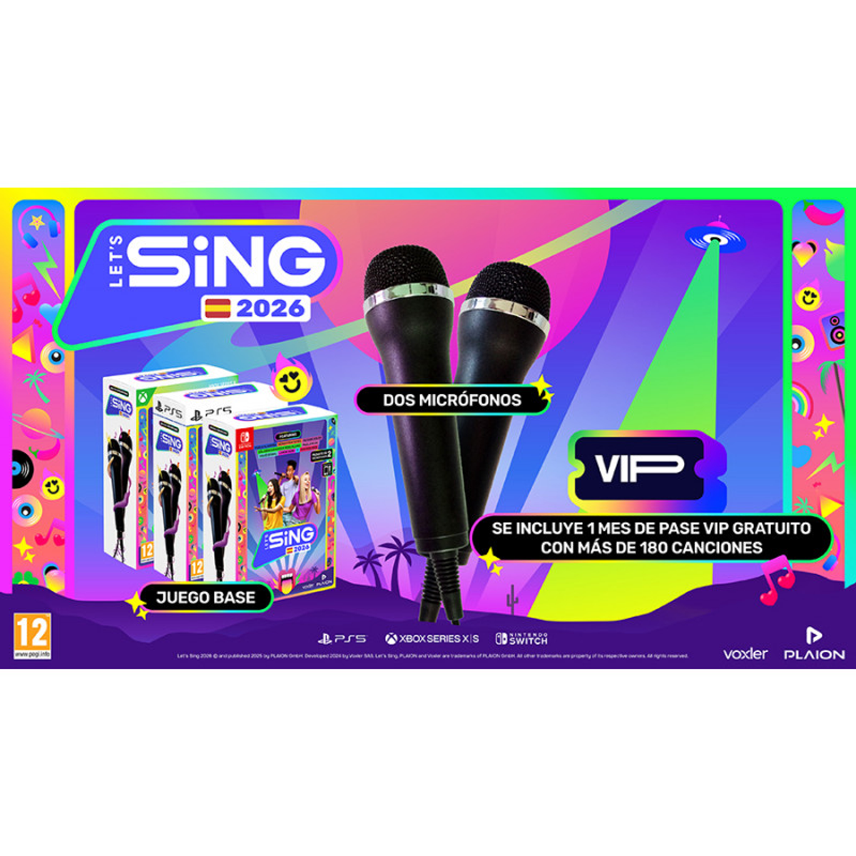 Grafika pudełka gry Let's Sing 2026. Dwa mikrofony i pudełka z grą.