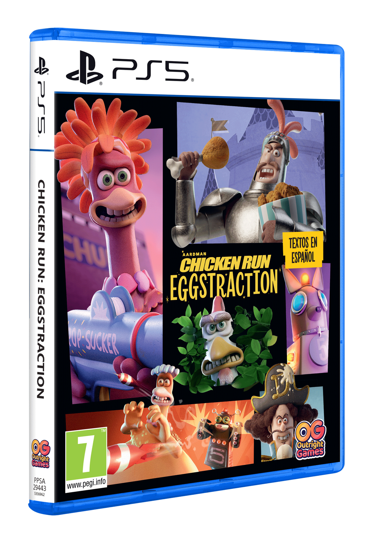 Arte de la caja del juego PS5 de Chicken Run: Eggstraction. Presenta un pollo y varios personajes con el título del juego.