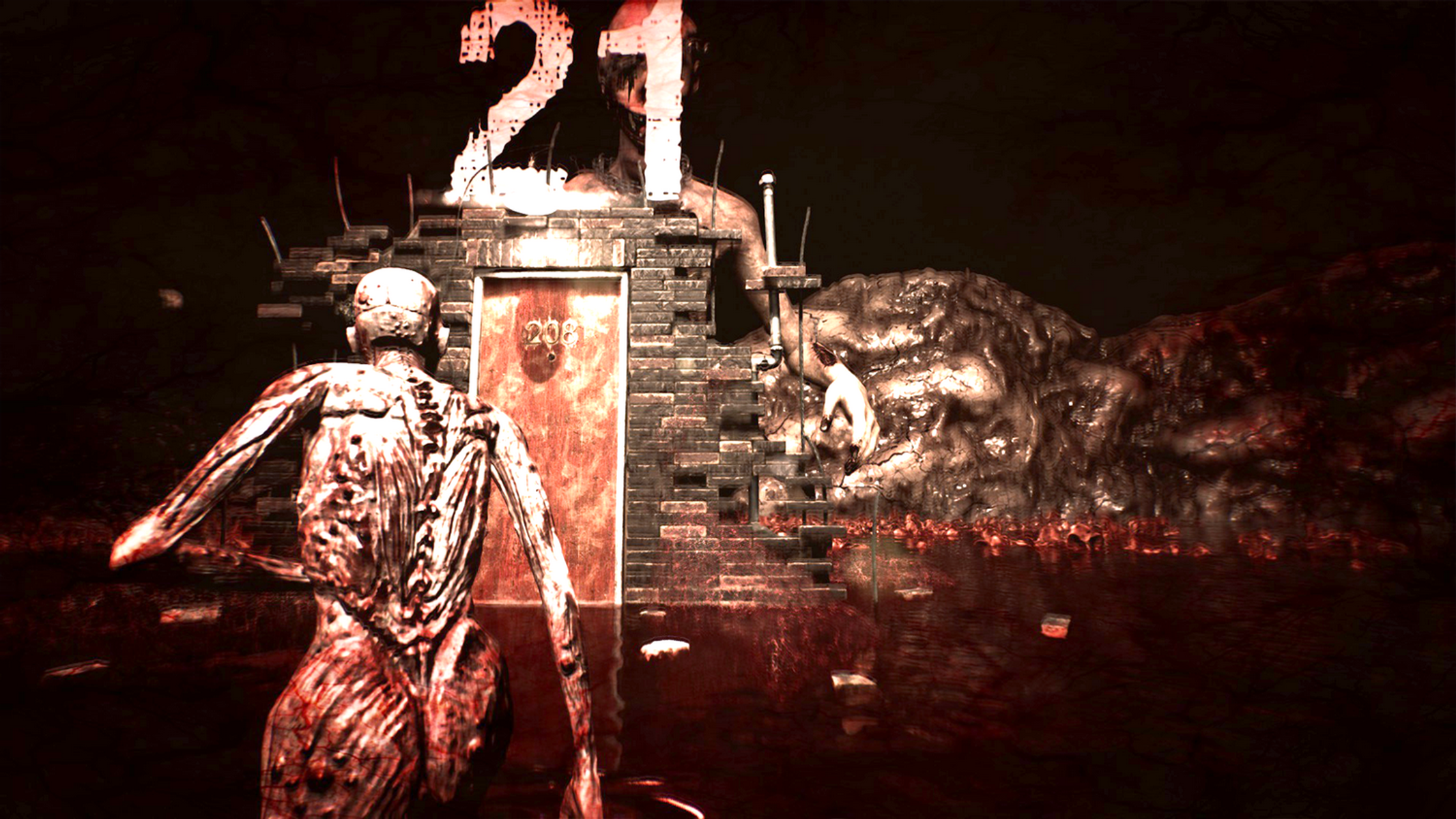 Una figura similar a un zombi camina hacia una puerta, con un gran '21' encima. Tonos rojos y oscuros dominan la escena.