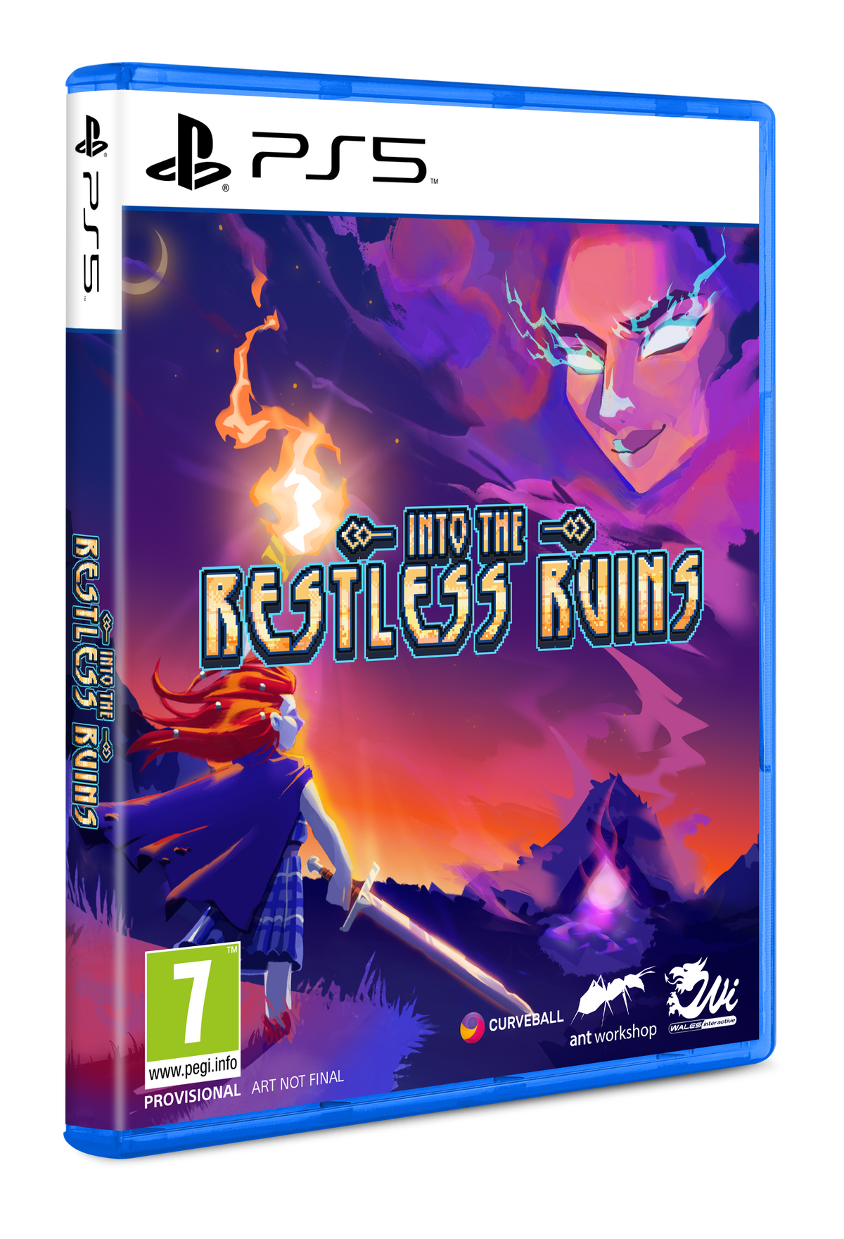 Arte de la caja del juego PS5 para 'Into the Restless Ruins'. Presenta a una mujer pelirroja y un rostro grande en el fondo.