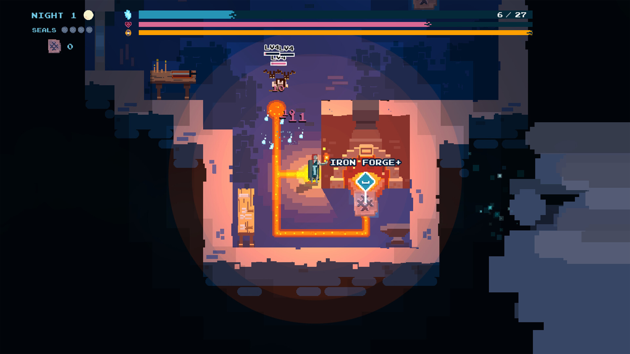 Una vista dall'alto pixelata di un livello di gioco. Mostra un personaggio vicino a un edificio con una fucina di ferro.