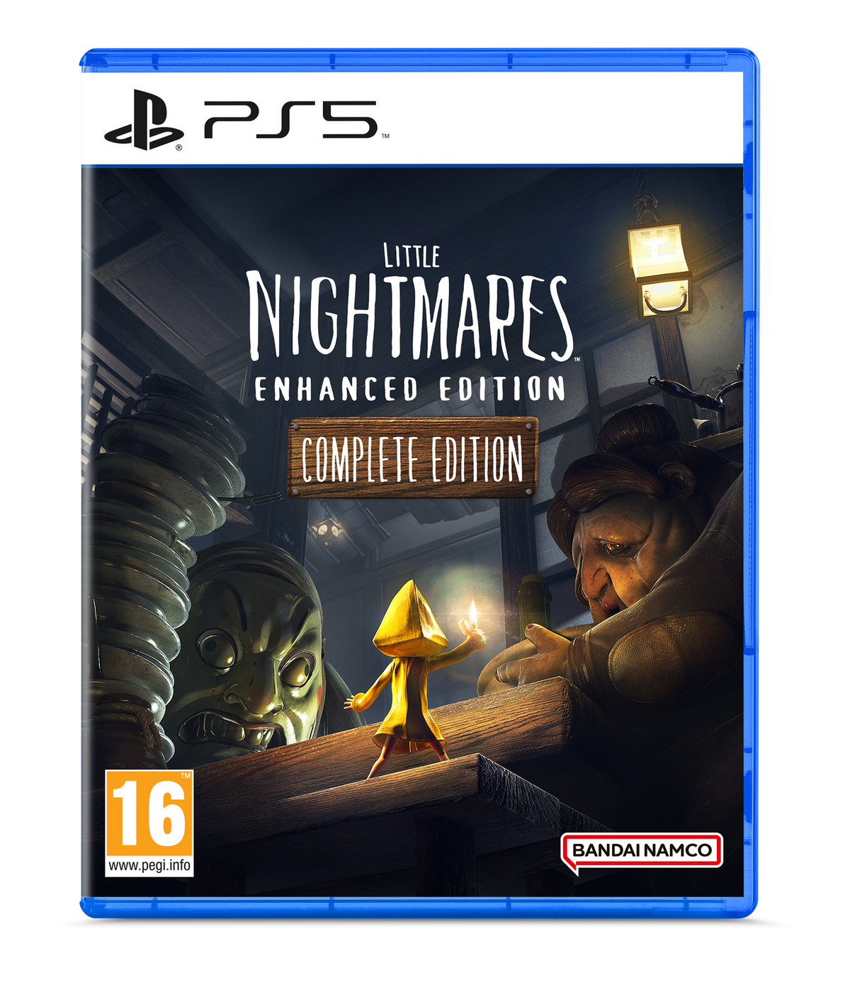 Caja del juego PS5 para Little Nightmares: Enhanced Edition. Un niño con un encendedor se enfrenta a dos figuras.