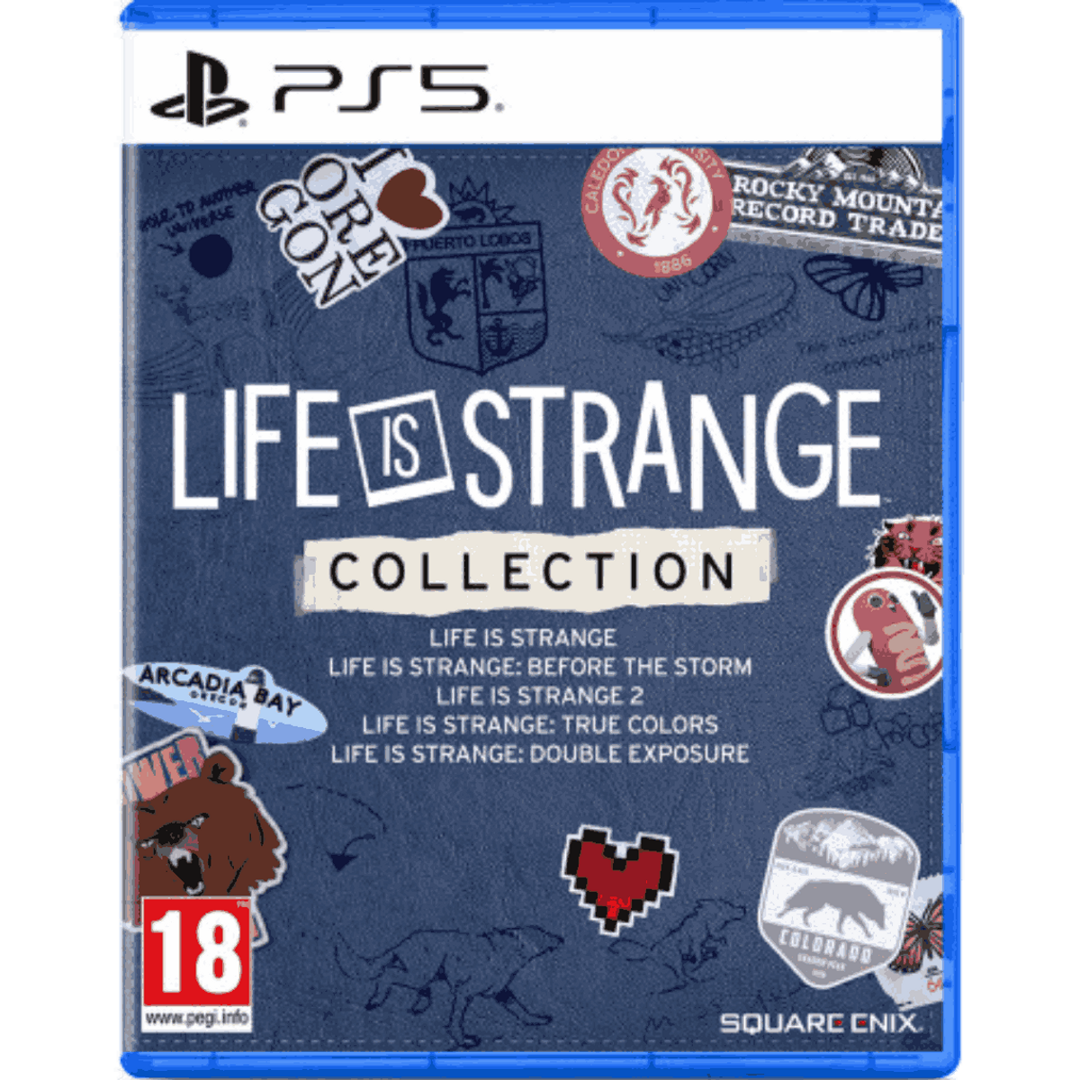 Caja de juego PS5 para Life is Strange Collection. Presenta logotipos de juegos y pegatinas sobre un fondo azul.