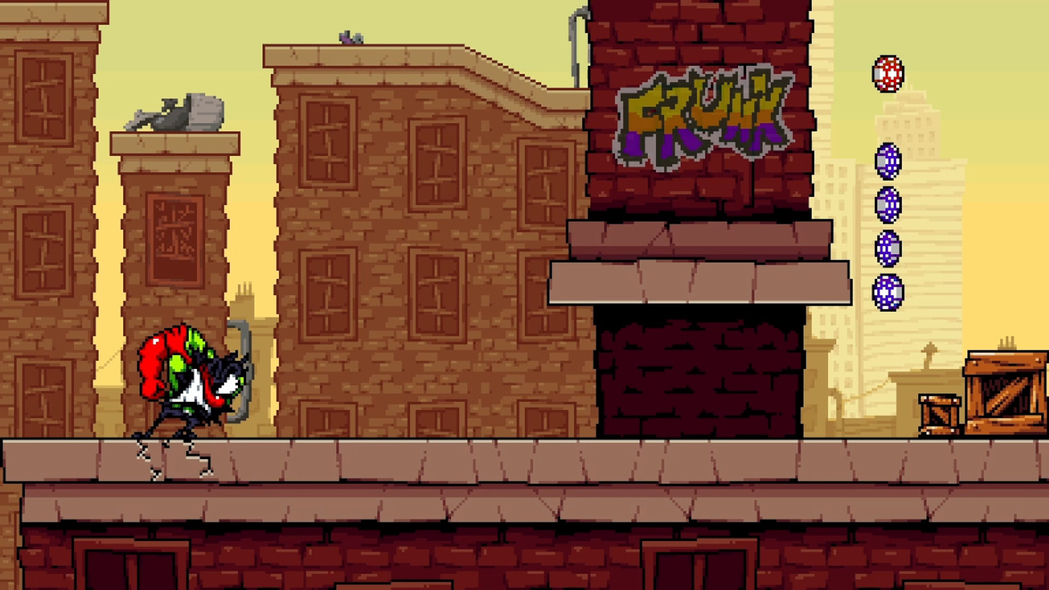Scena pixel art di un personaggio su un tetto di un edificio in mattoni, con graffiti.