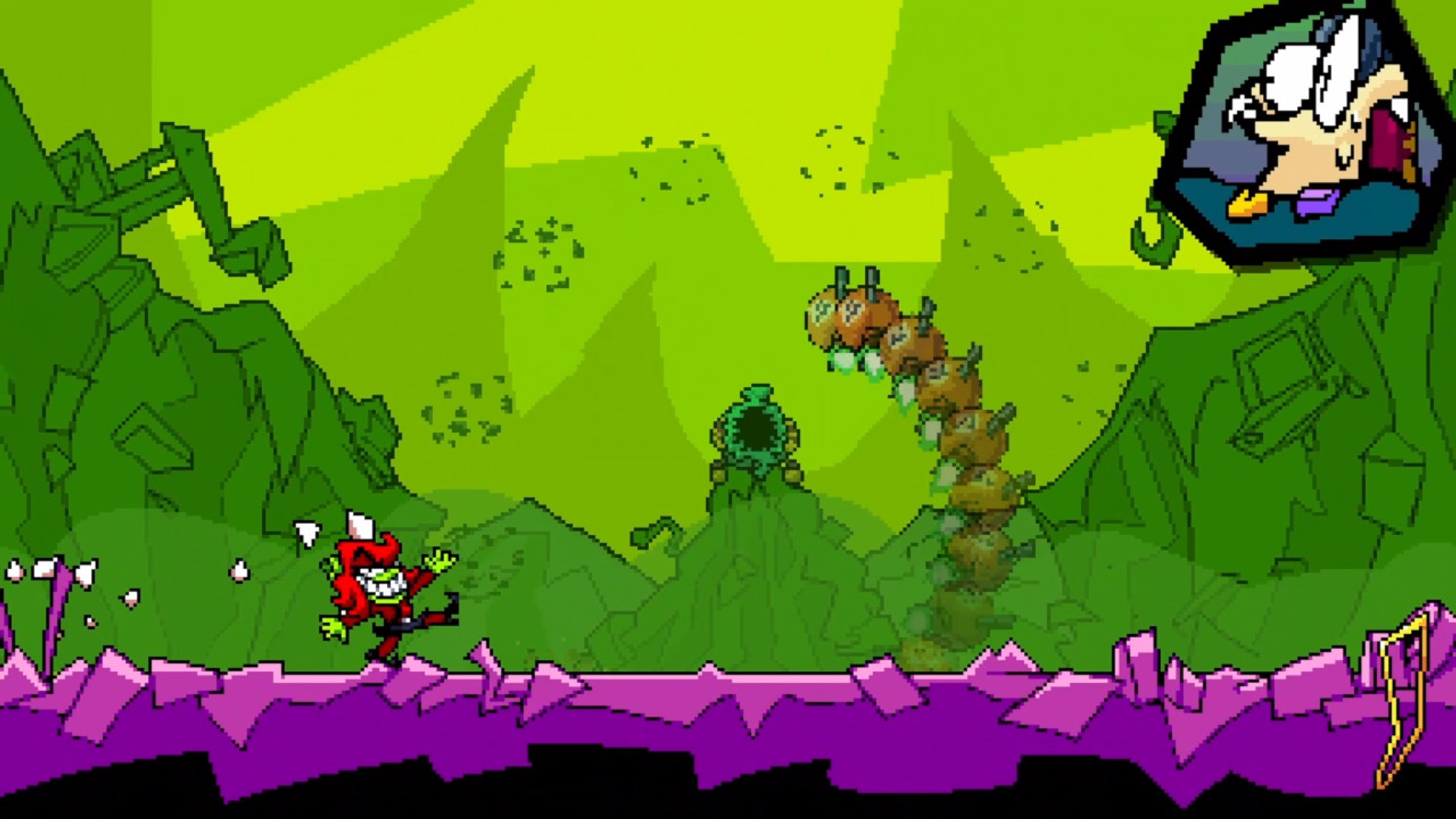 Un personaggio rosso corre, montagne verdi e una creatura fluttuante in una scena pixelata, vibrante e caotica.