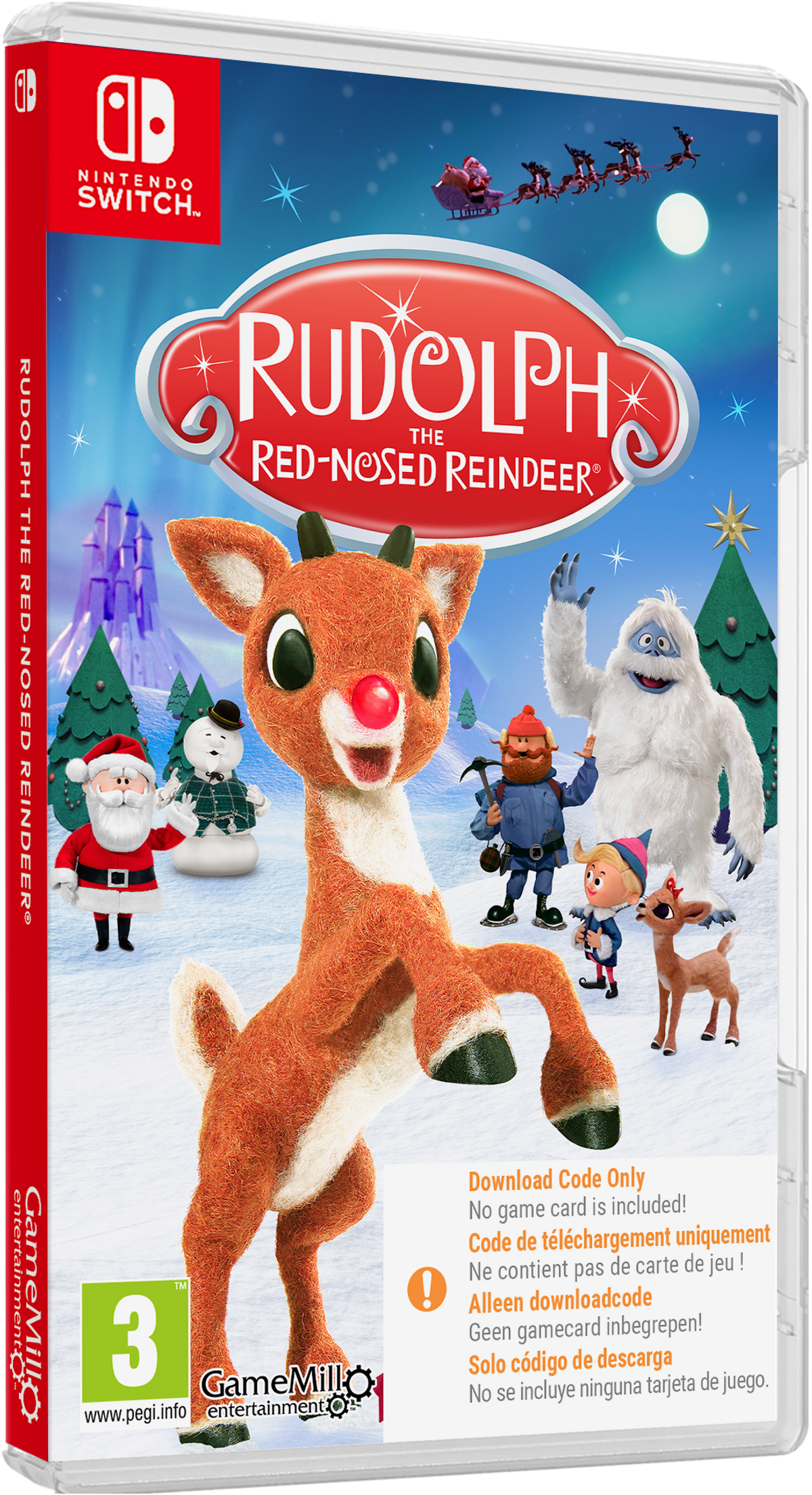Carátula del juego 'Rudolph the Red-Nosed Reindeer' para Nintendo Switch con un reno y un muñeco de nieve.