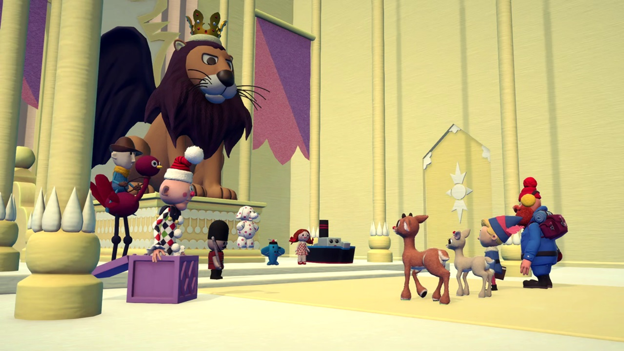Un león con una corona y un grupo de personajes en una habitación amarilla.