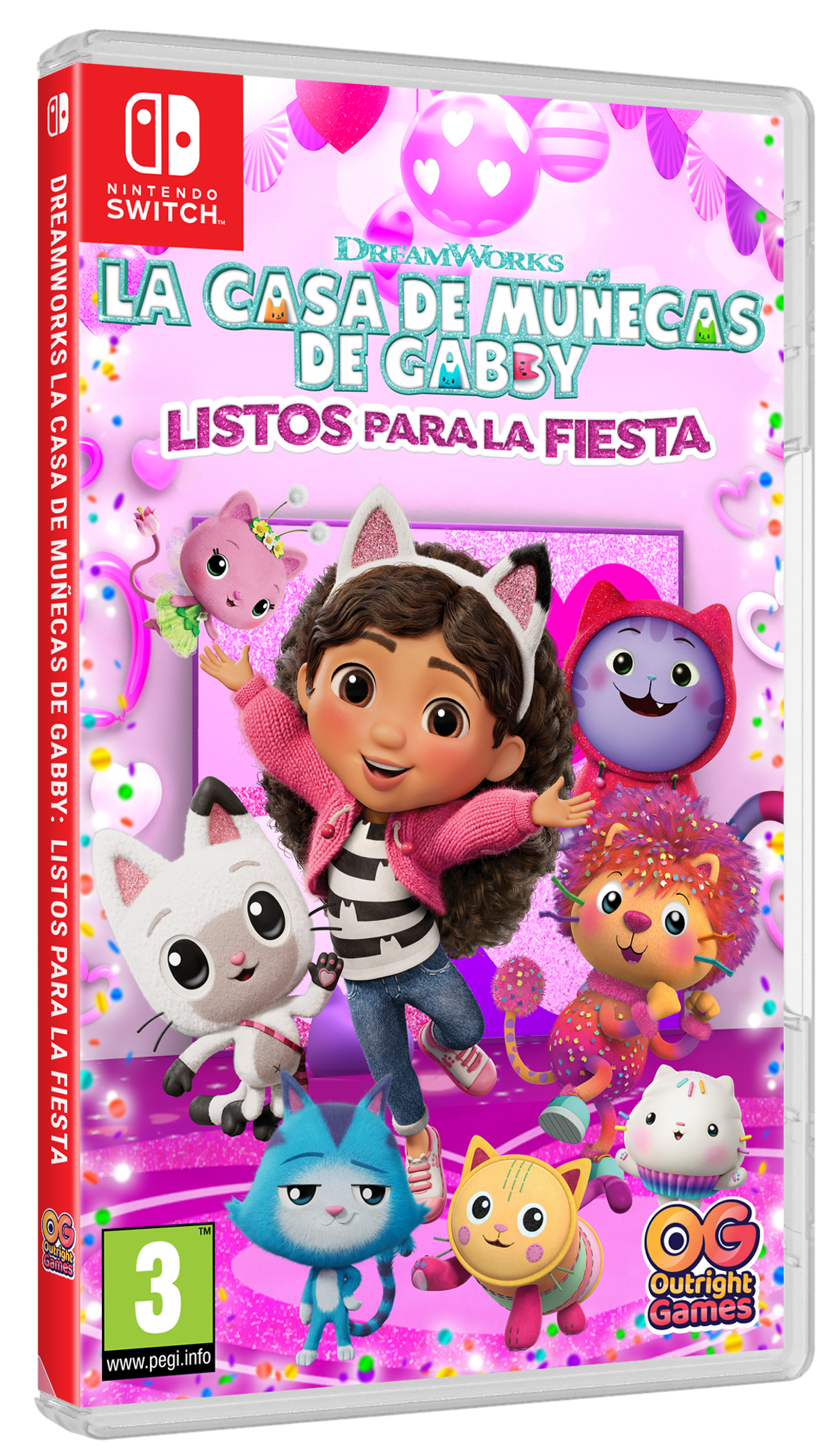 Portada del juego 'La Casa de Muñecas de Gabby'. Gabby, gatos y un fondo rosa.