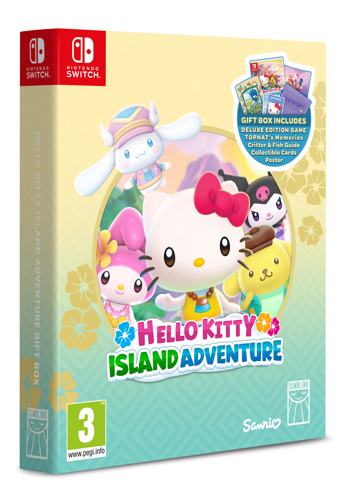 Okładka gry Hello Kitty Island Adventure, z wieloma postaciami i pudełkiem prezentowym.