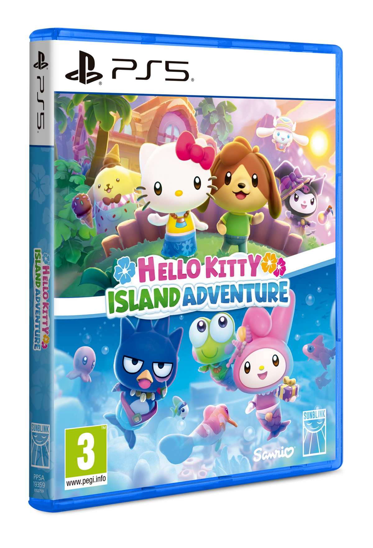Portada de Hello Kitty Island Adventure. Personajes de la serie. Tema tropical.