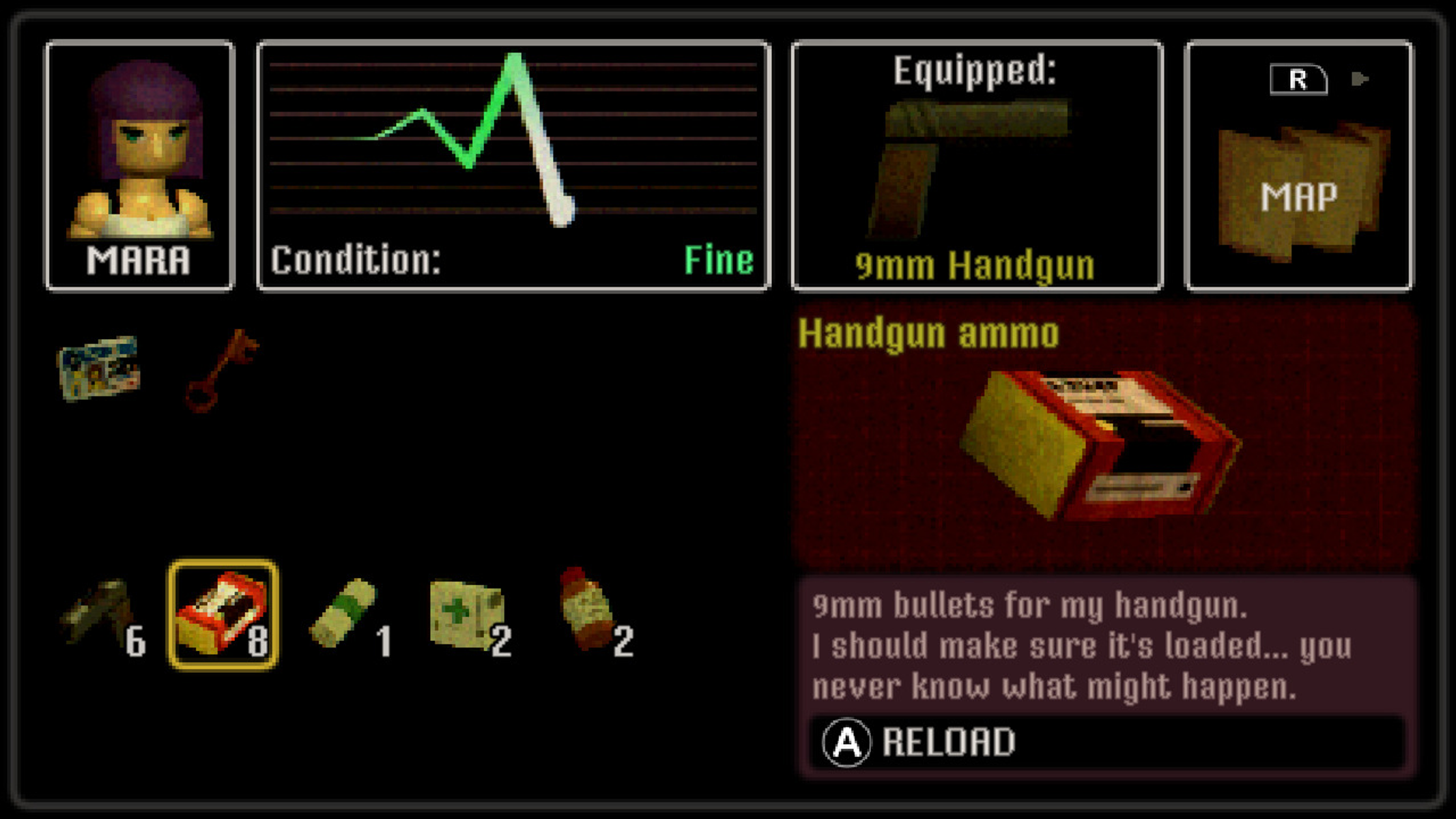 Una pantalla de juego que muestra el inventario de un personaje con munición y otros objetos.