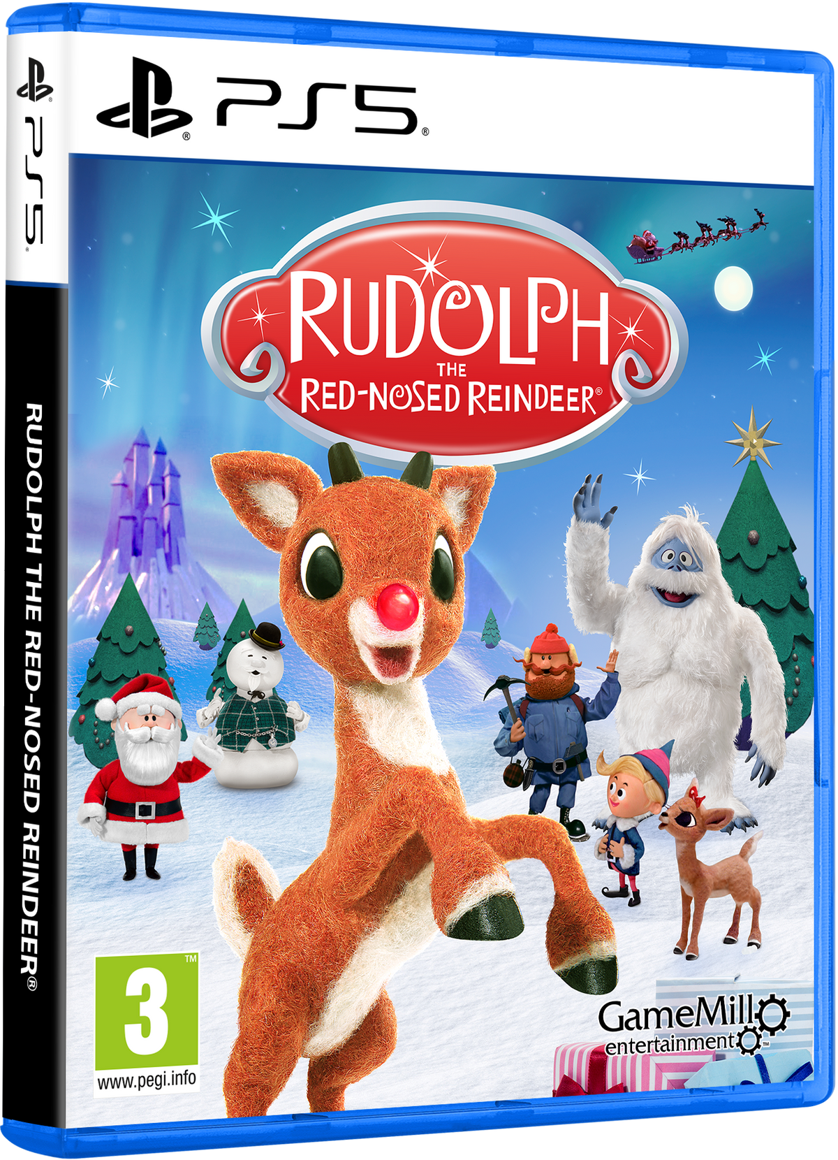 Portada del juego PS5: Rudolph the Red-Nosed Reindeer. Personajes: Rodolfo, Papá Noel y un muñeco de nieve.