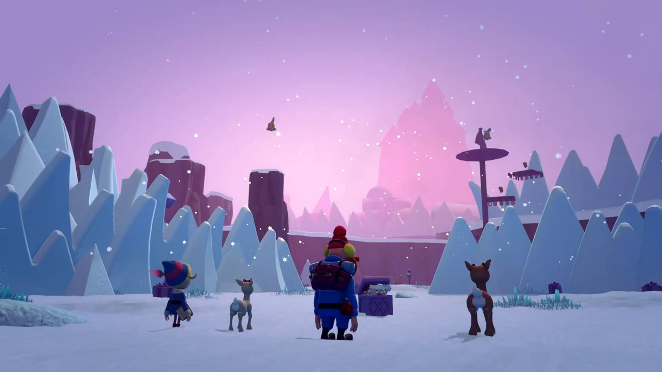 Un grupo de personajes camina en un paisaje nevado con formaciones de hielo, hacia una montaña.