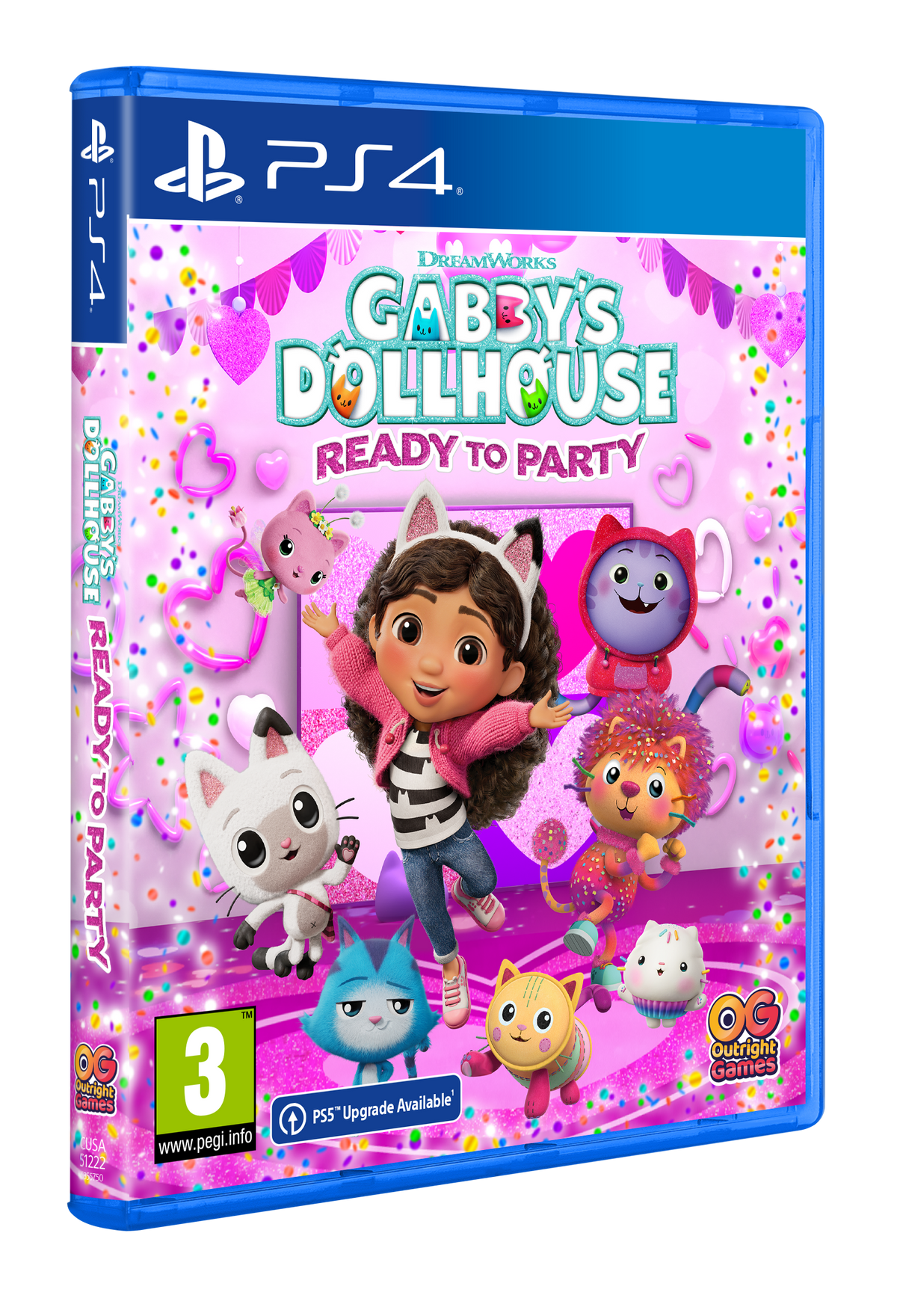 Portada del juego Gabby's Dollhouse. Presenta personajes de dibujos animados, incluyendo a Gabby, gatos y decoraciones coloridas.