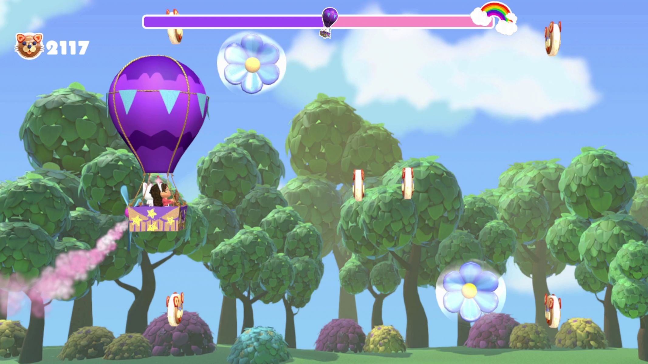 Una escena de dibujos animados con un globo aerostático morado, árboles y burbujas de flores flotantes.