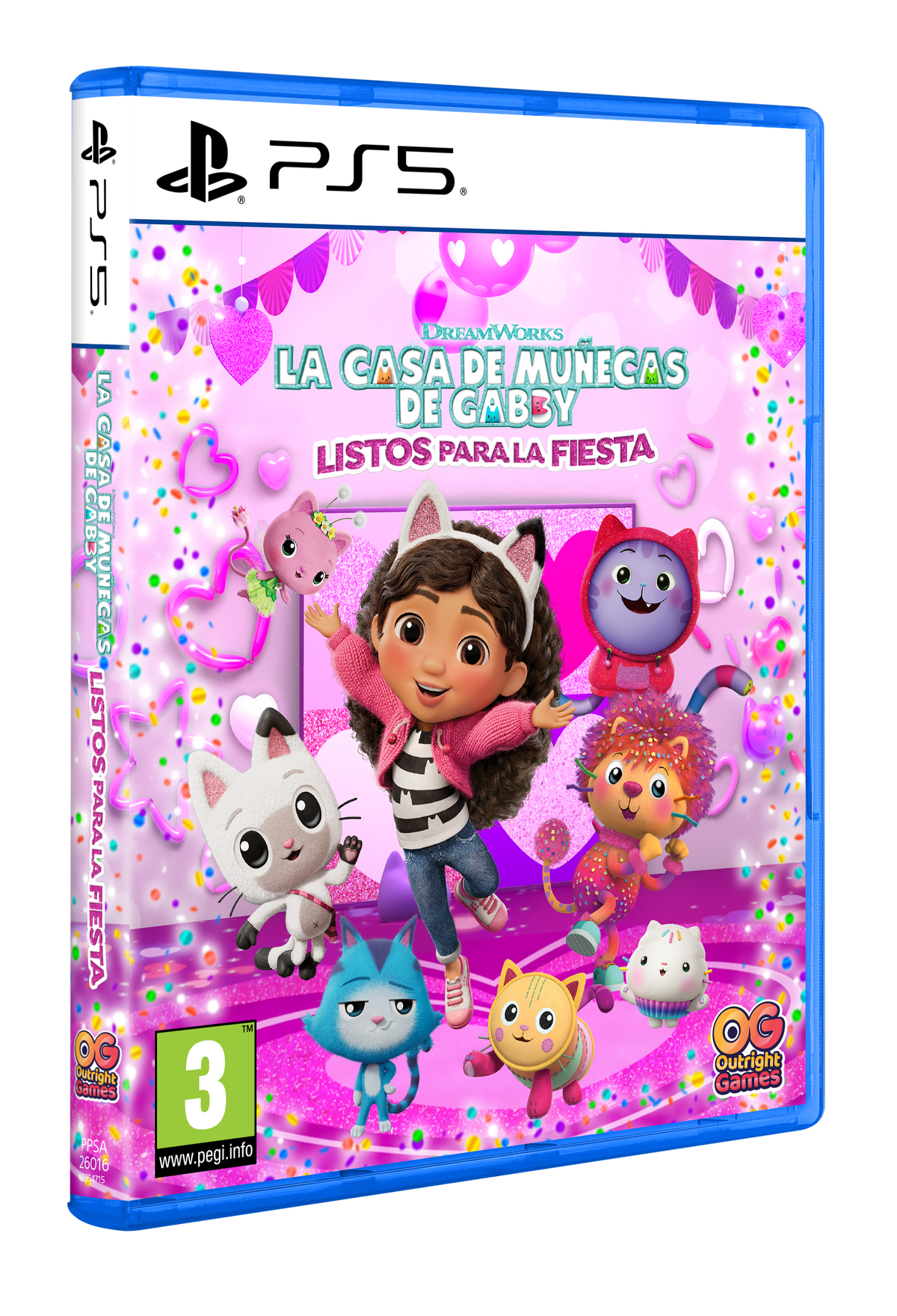 Caja del juego de La casa de muñecas de Gabby: Listos para la fiesta. Presenta a Gabby y varios personajes felinos. Colores rosa y morado.