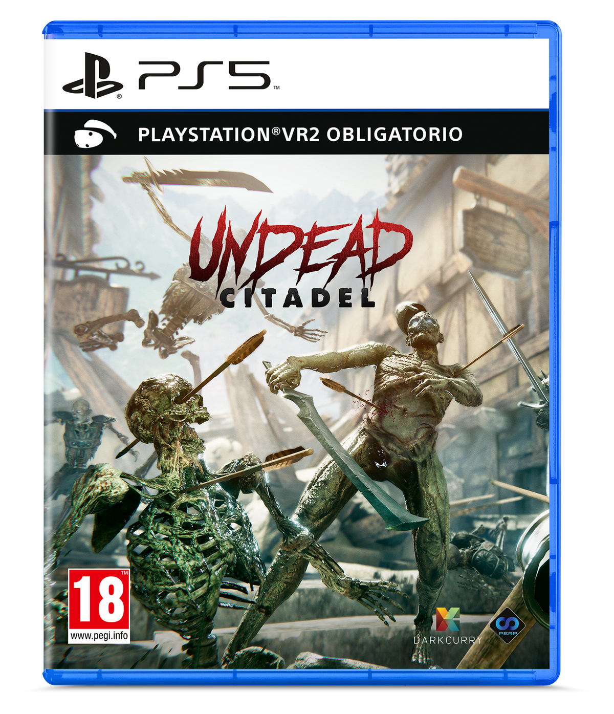 Grafika pudełka gry Undead Citadel, przedstawiająca szkielety walczące mieczami.