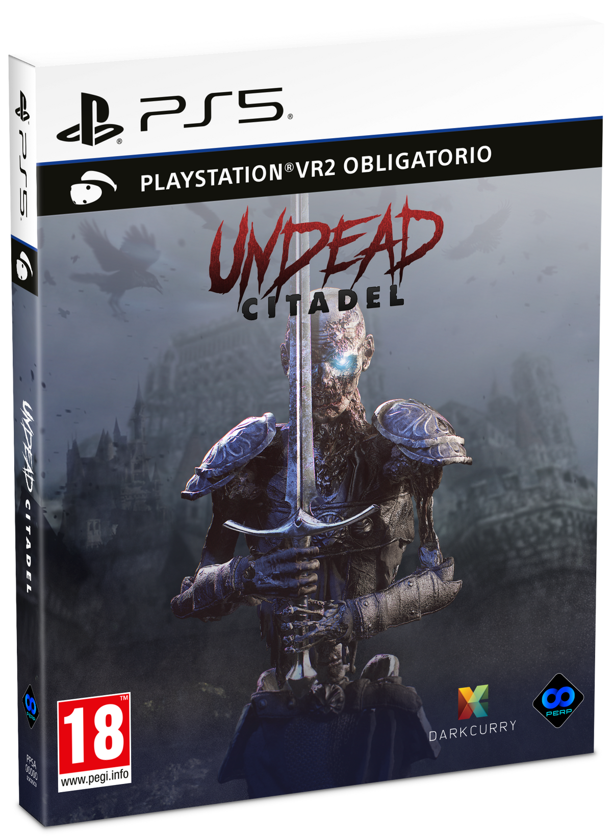 Grafika pudełka gry Undead Citadel, przedstawiająca zombie trzymającego miecz z ciemnym zamkiem.