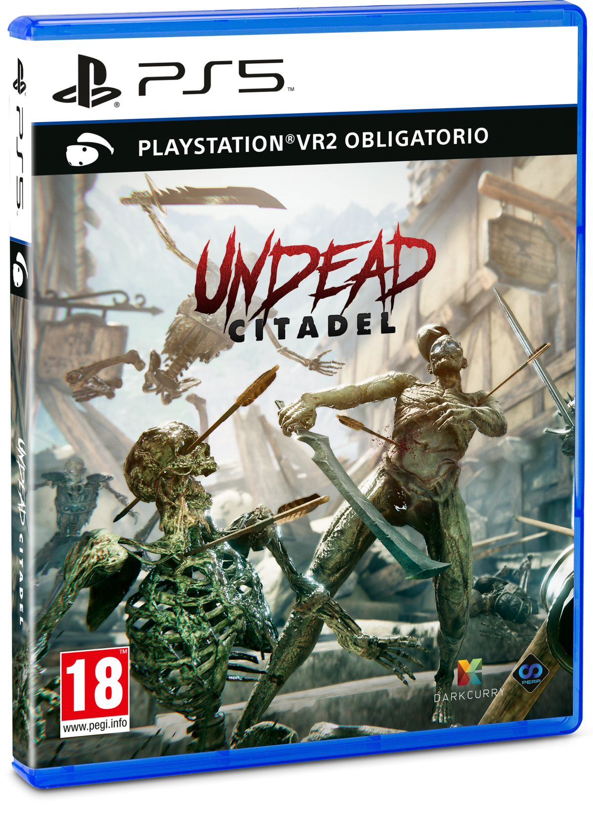 Grafika pudełka gry Undead Citadel, przedstawiająca szkielety walczące mieczami.