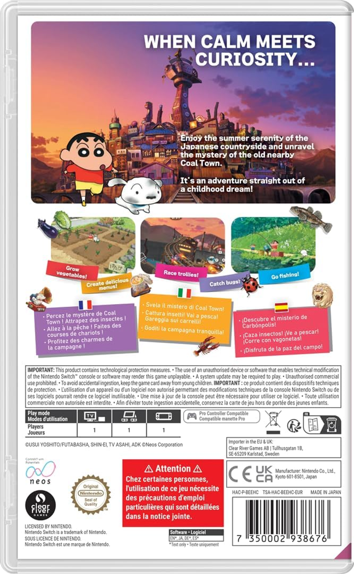 Parte trasera de la caja del juego Shin Chan con arte de dibujos animados, con una escena de la ciudad y texto en varios idiomas.