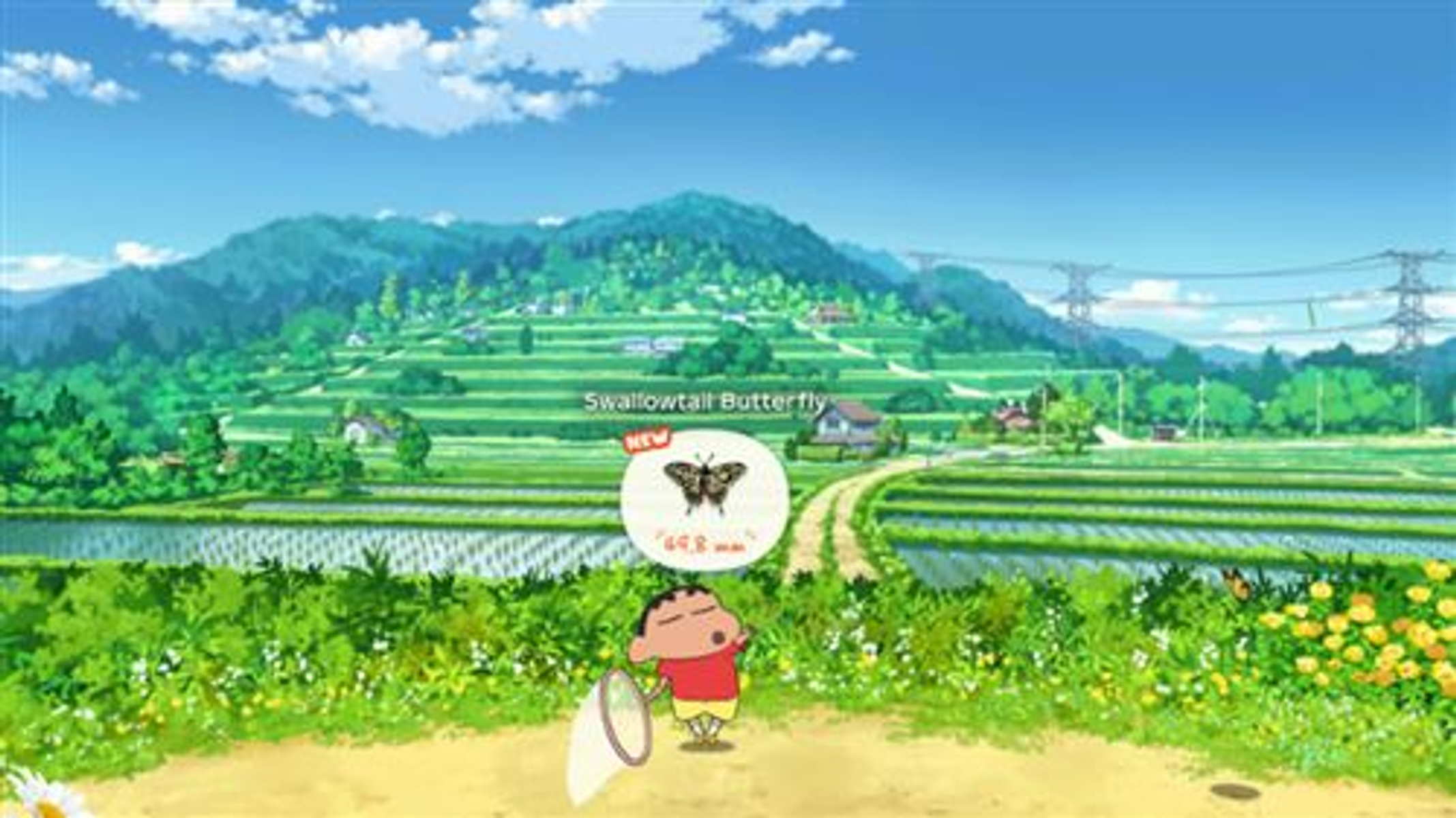 Personaggio anime che insegue una farfalla in un campo, con montagne e risaie.