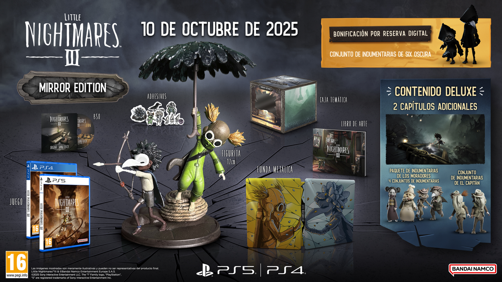 Edición coleccionista de Little Nightmares III con juego, figuras y otros extras.