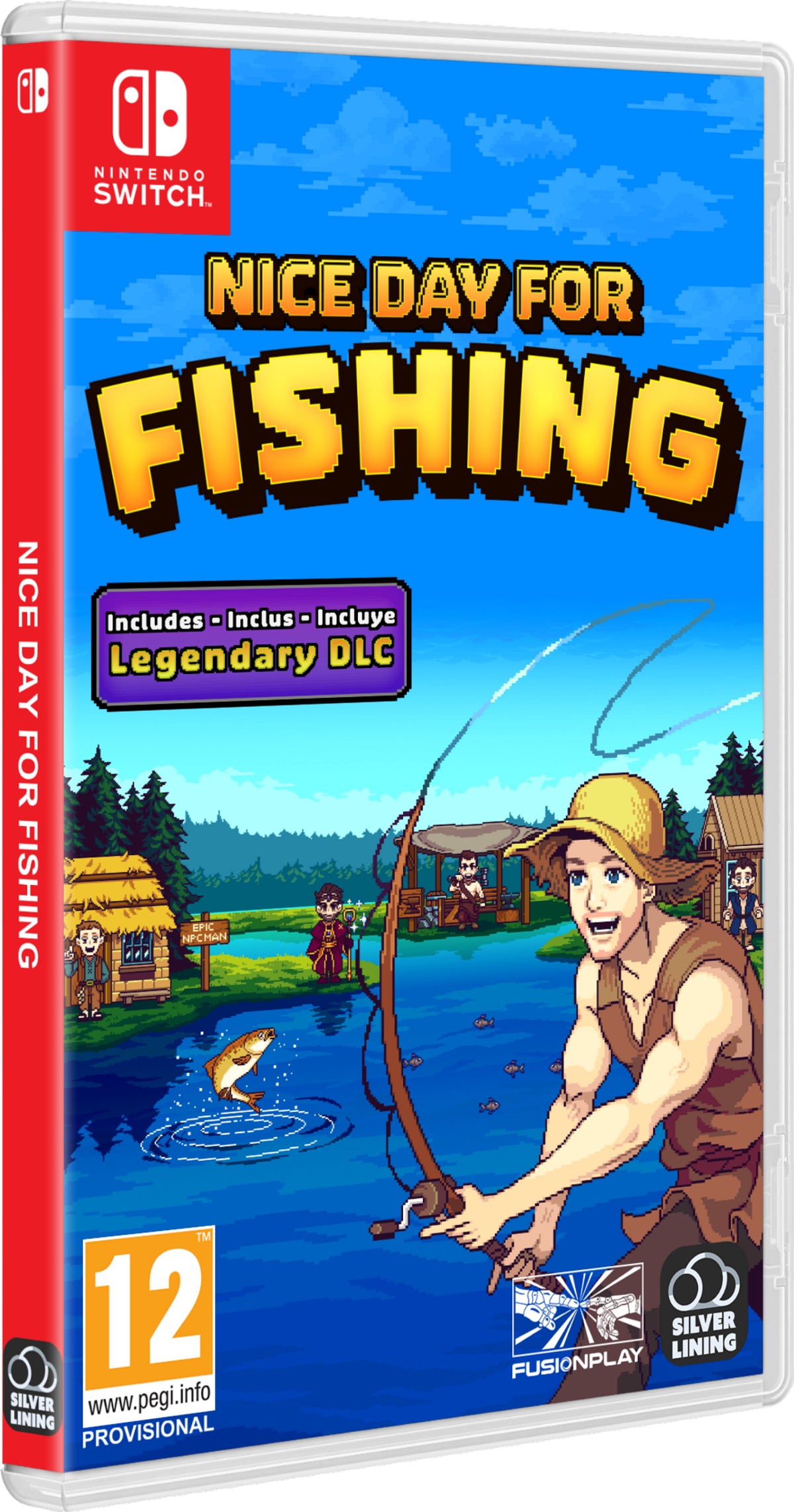 Okładka gry 'Nice Day For Fishing', mężczyzna łowiący ryby na tle krajobrazu.