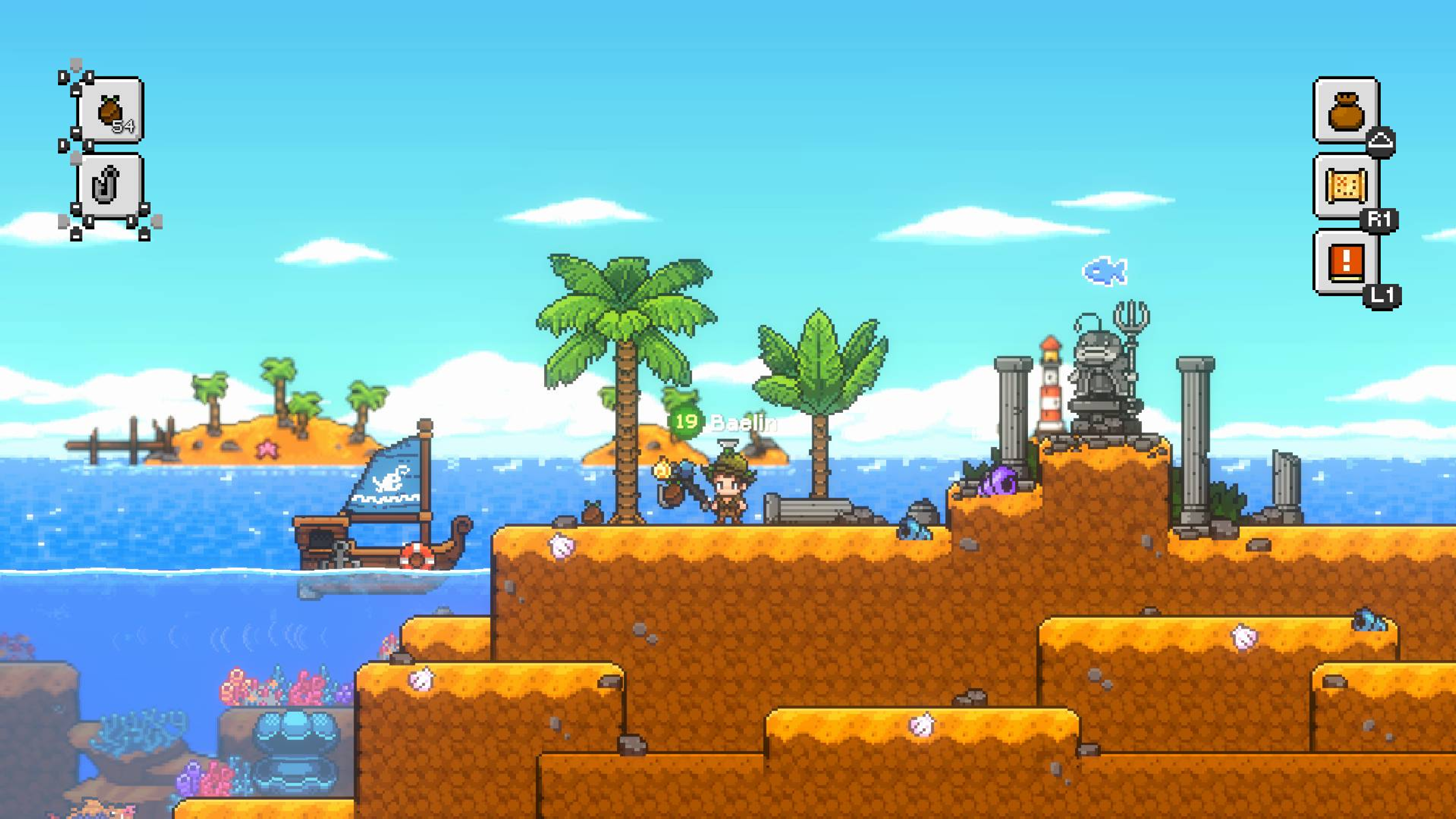 Scena w stylu pixel art przedstawiająca łódź płynącą w pobliżu wyspy z palmami.