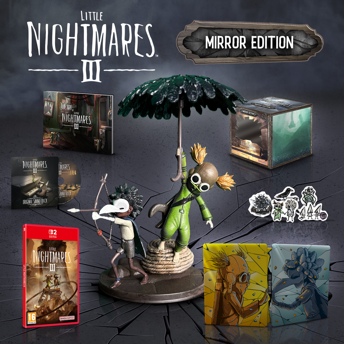 Paquete del juego Little Nightmares III Mirror Edition con figuras y elementos del juego.