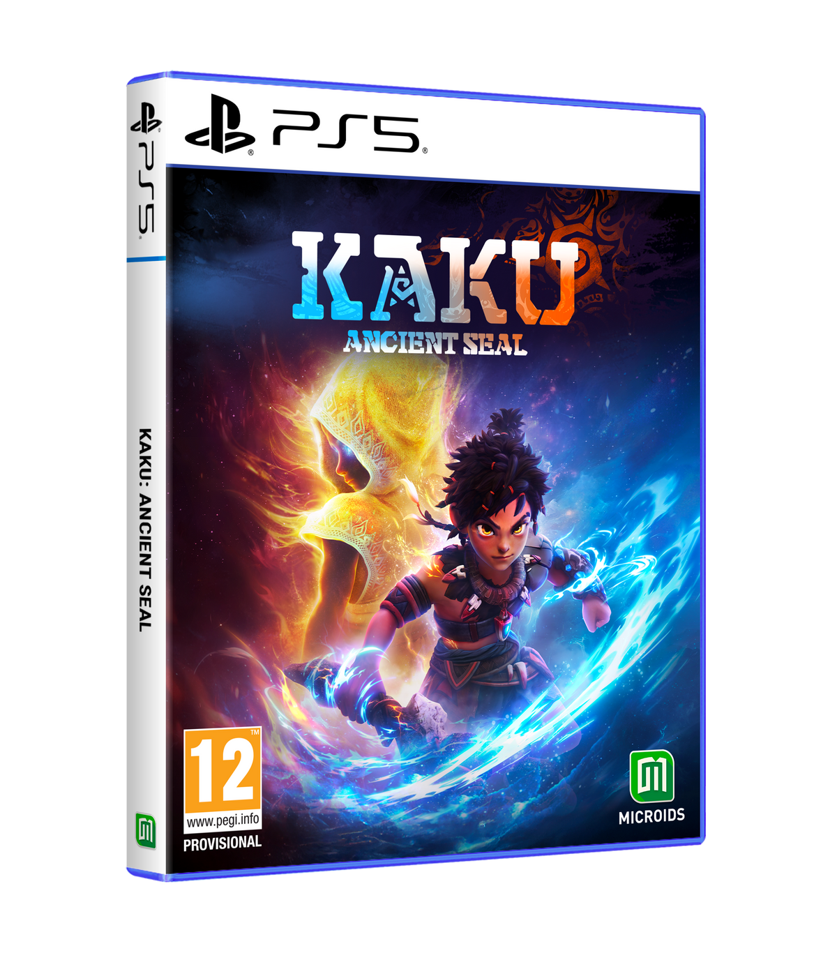 Copertina del gioco Kaku: Ancient Seal. Un guerriero affronta una figura infuocata in un'ambientazione fantasy.