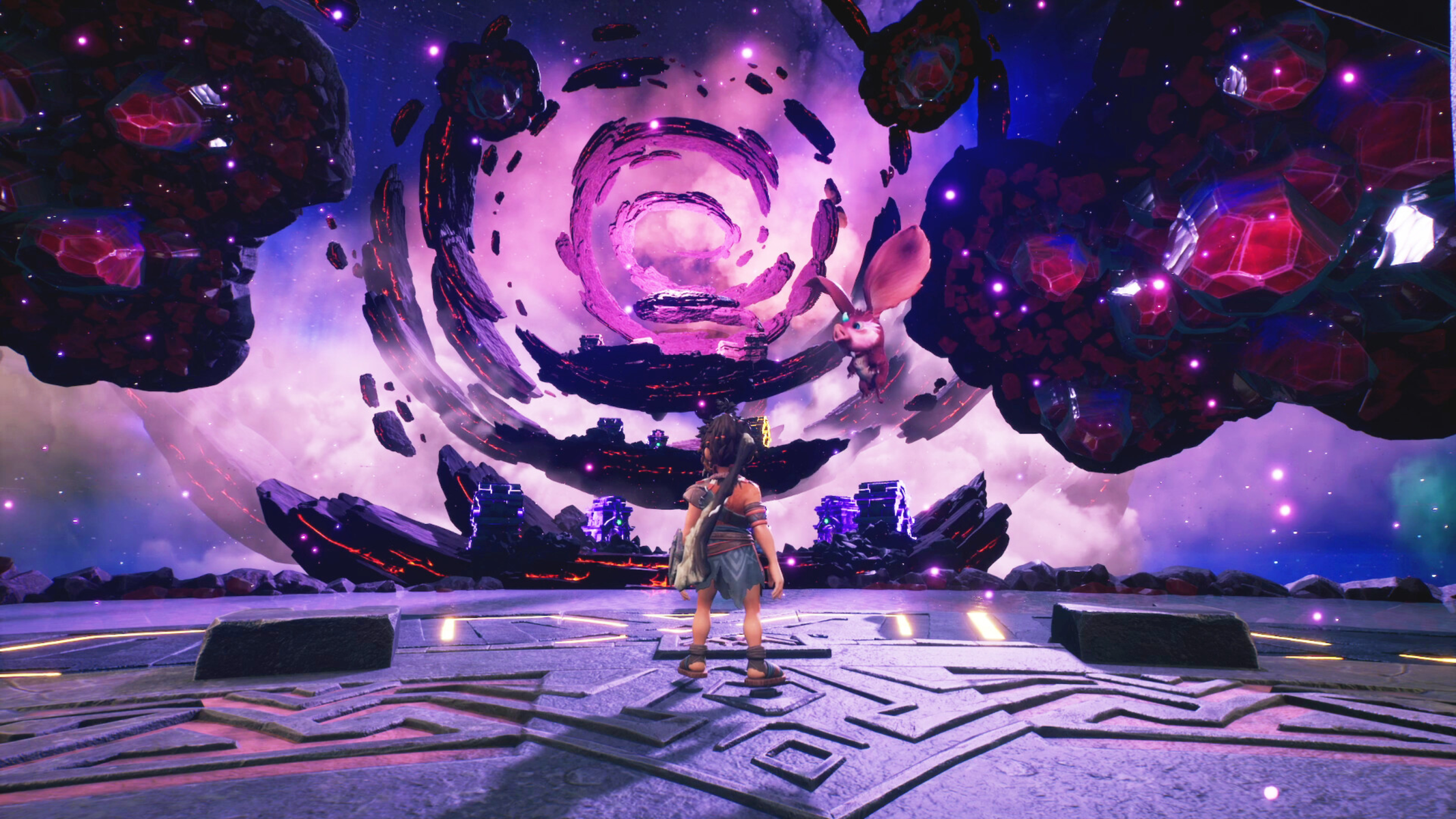 Postać stoi w dużej, fantastycznej przestrzeni, patrząc w kierunku wirującego portalu z latającym stworzeniem w pobliżu.