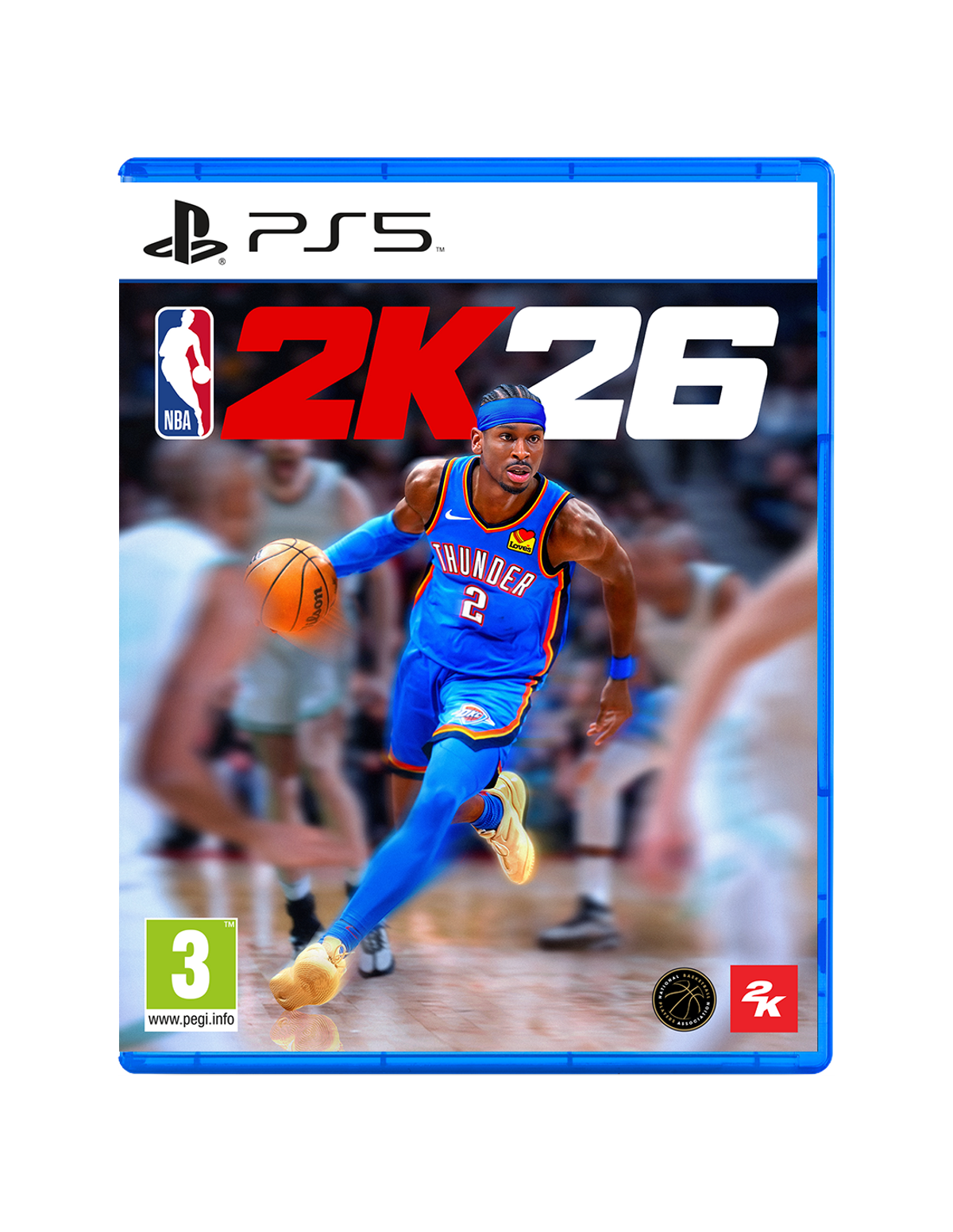 Okładka gry NBA 2K26 z koszykarzem w niebieskim stroju, na obudowie PS5.