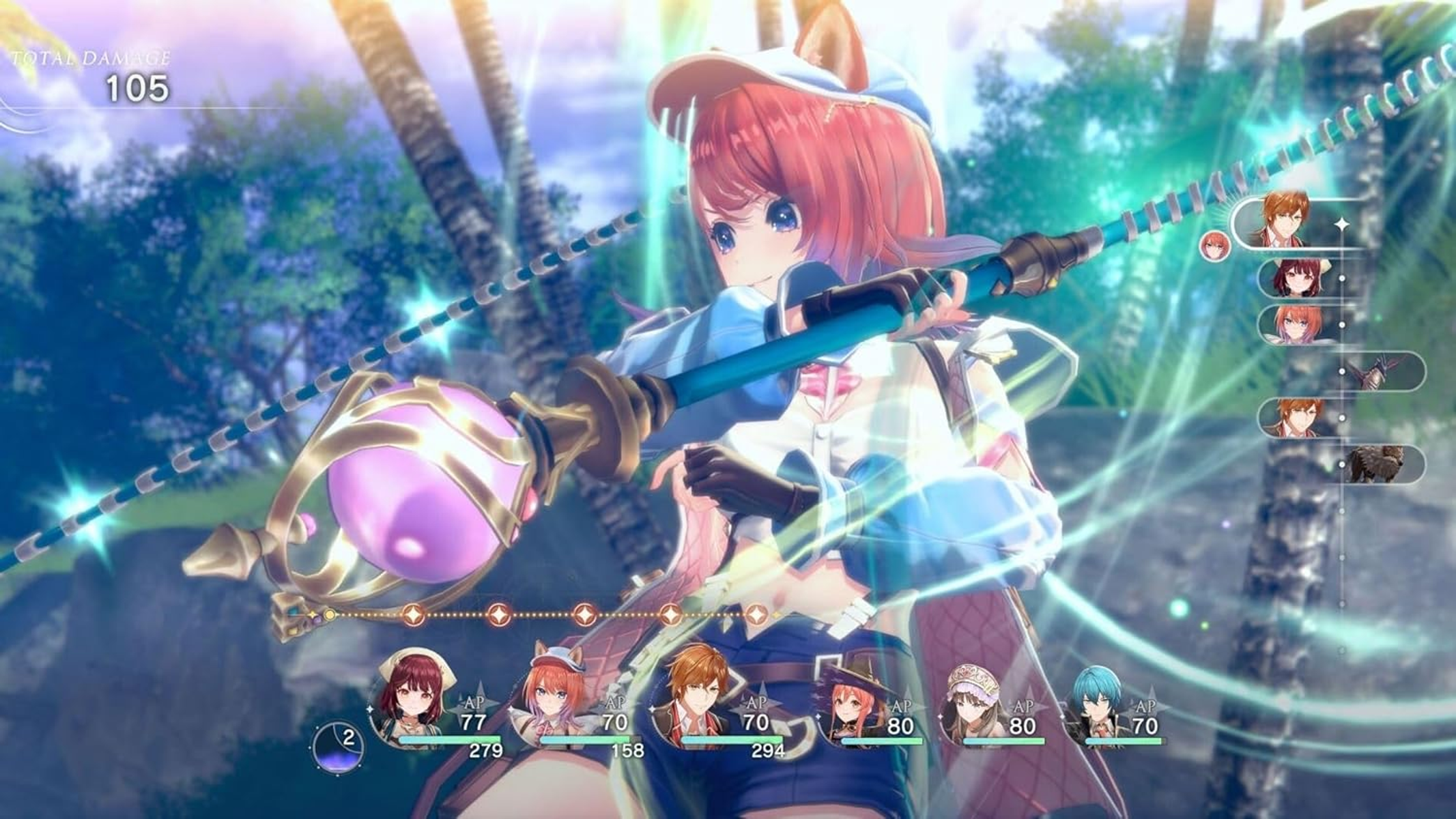 Un personaggio femminile con un bastone in una scena di gioco, con vari personaggi e uno sfondo blu.