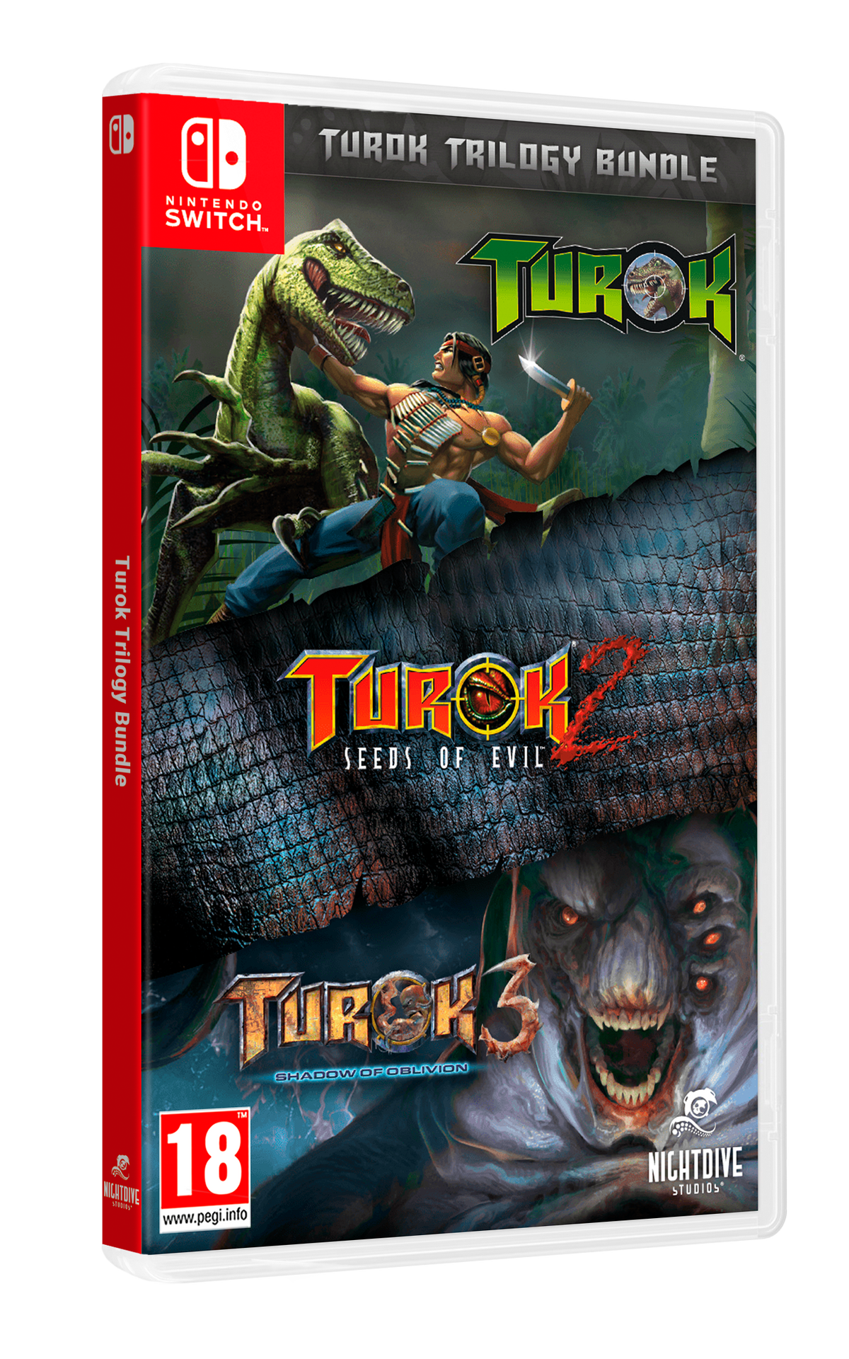Portada del juego Turok Trilogy Bundle, con tres portadas de juego: Turok, Turok 2 y Turok 3.