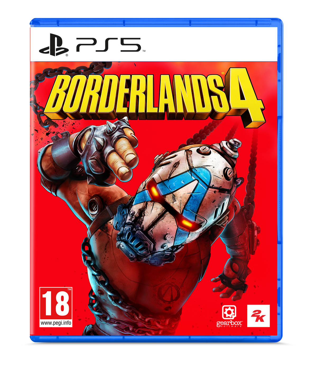 Borderlands 4 oyununun kapağı, kırmızı bir arka plan üzerinde bir robot kafası ve bir karakterin kolu.