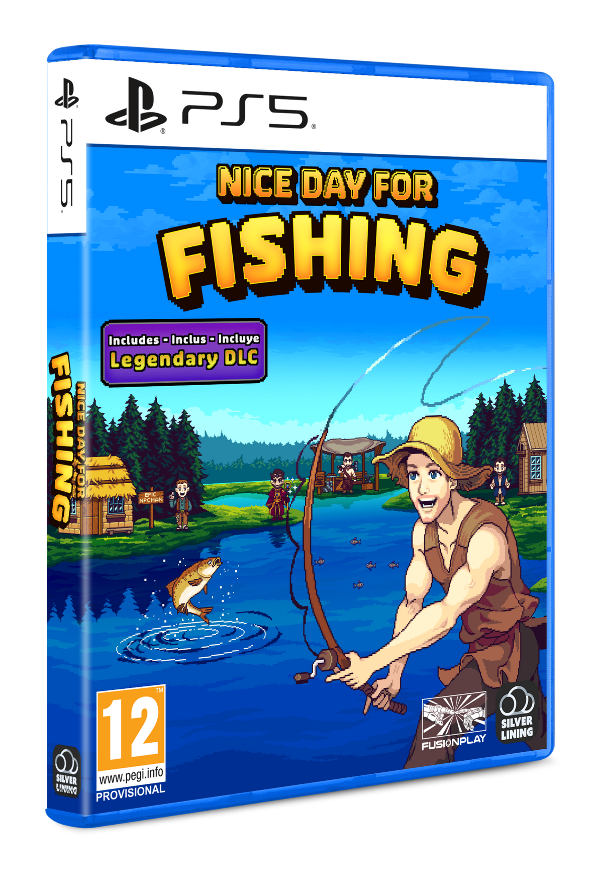 Copertina del gioco "Nice Day for Fishing". Un uomo pesca vicino a un lago, con stile pixel art.