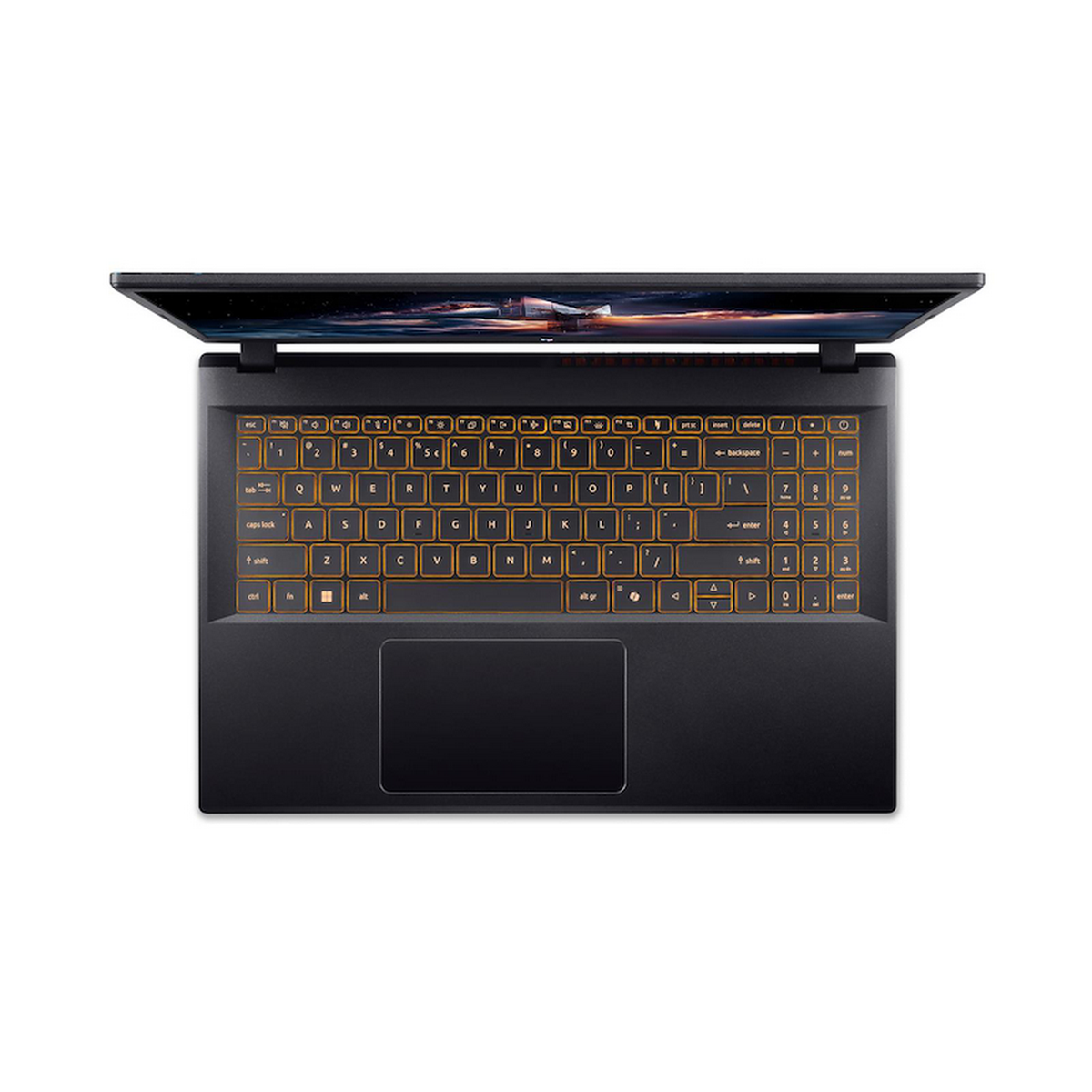 Portátil negro, vista superior, teclado retroiluminado naranja. Pantalla con escena espacial. Fondo blanco.