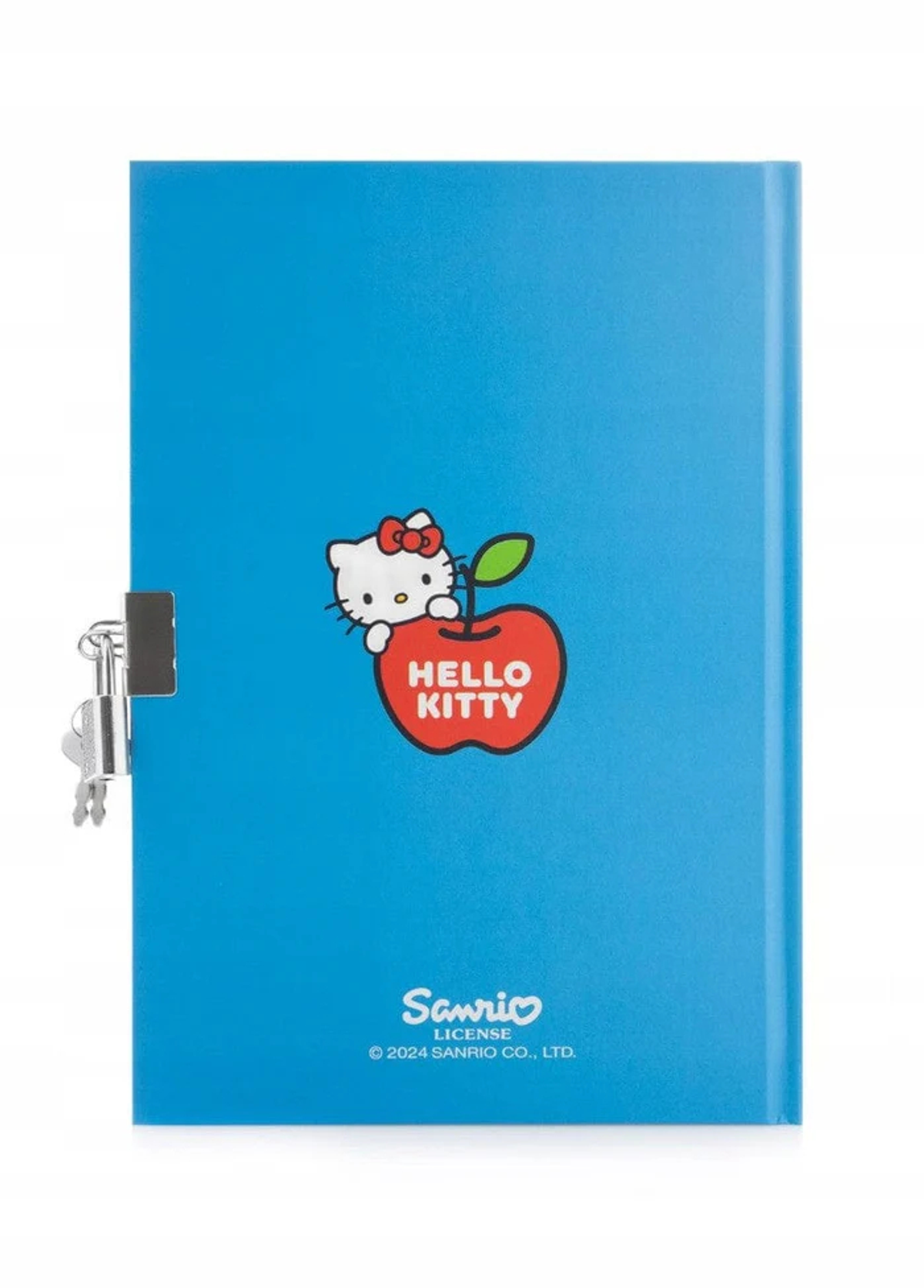 Blaues Hello Kitty Tagebuch geschlossen mit Schloss und Schlüssel. Kitty hält einen Apfel auf dem Cover.