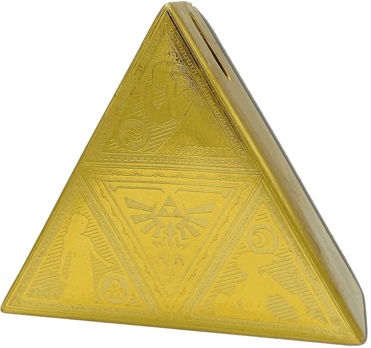 Goldenes Triforce-Symbol. Das Symbol zeigt drei Dreiecke mit verschiedenen Designs und goldenem Hintergrund.