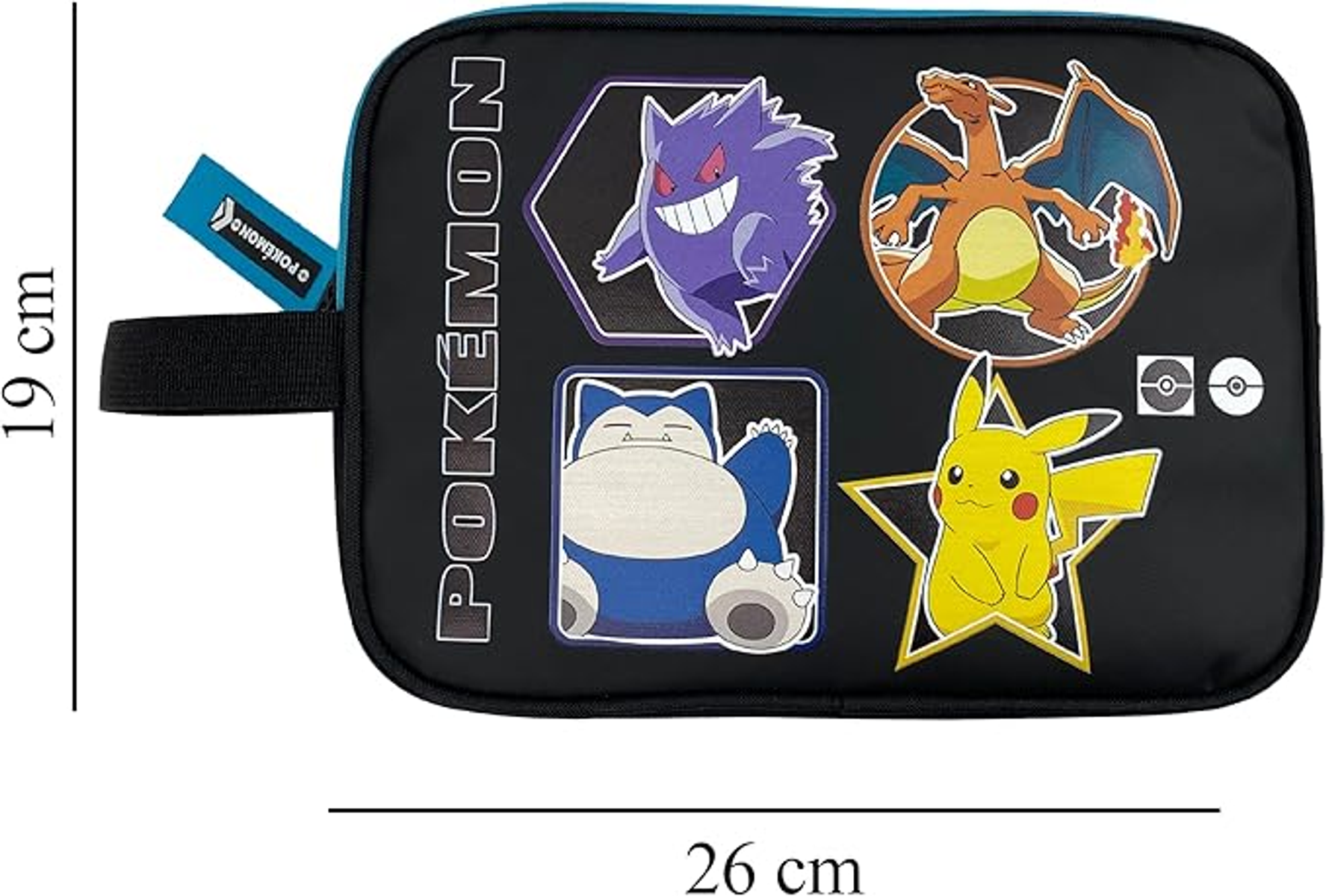 Estuche negro con personajes de Pokémon. Incluye Gengar, Charizard, Snorlax y Pikachu. Se muestran medidas.