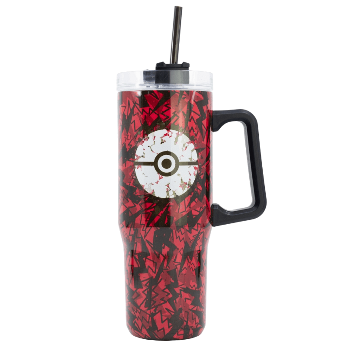 Un vaso alto rojo y negro de Pokémon con asa, pajita y diseño de Pokeball.