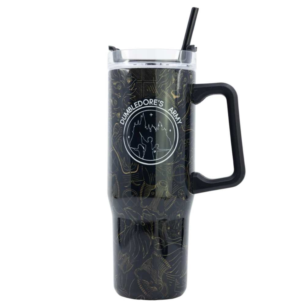 Vaso negro con diseño dorado del Ejército de Dumbledore. Asa, tapa y pajita. Texto y escudo en el lateral.
