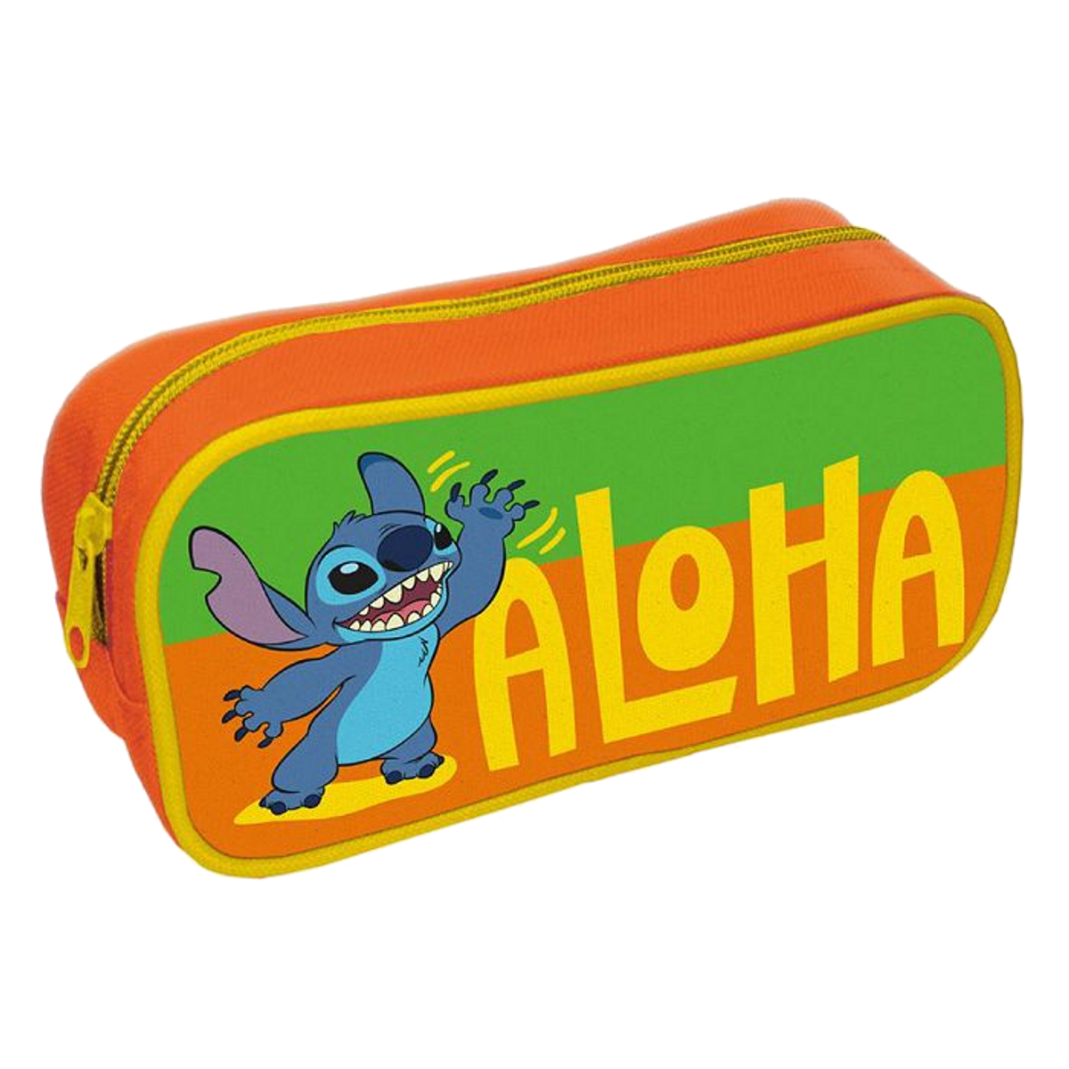 Pomarańczowy piórnik ze Stitchem. Stitch macha na zielono-pomarańczowym tle ze słowem Aloha.